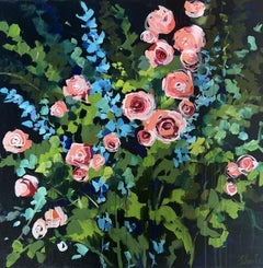 Lori Eubanks, "Timeless", 36x36 Rose on Blue Floral Oil Painting on Canvas