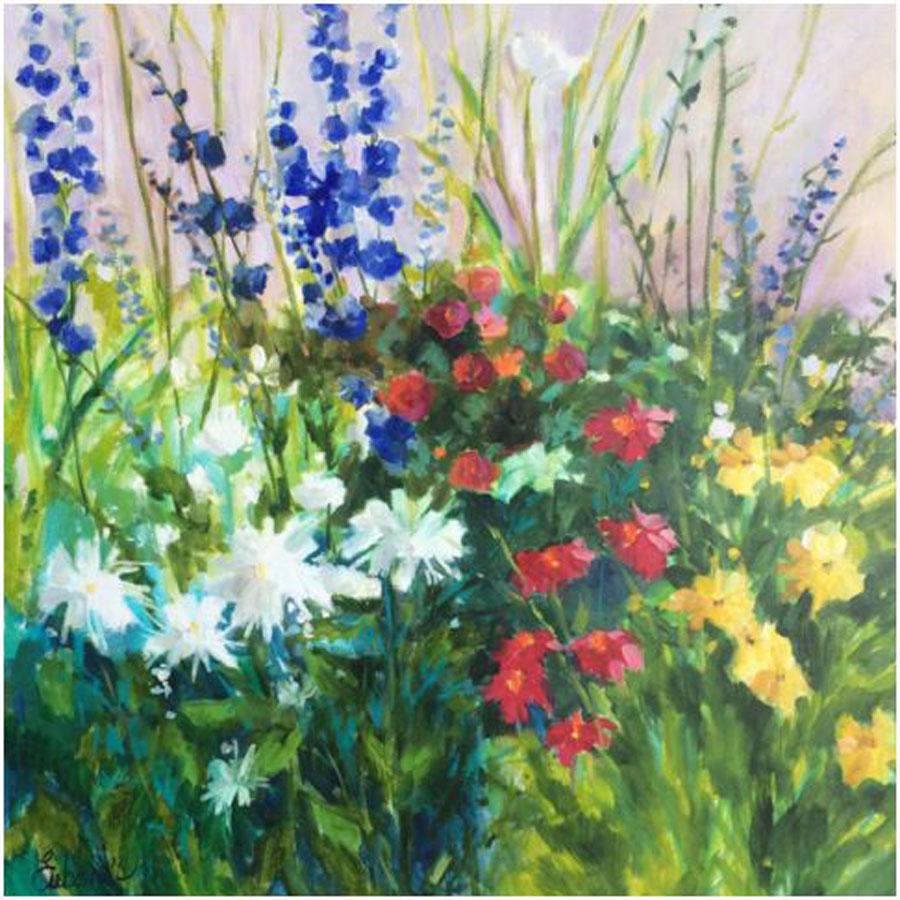 Lori Eubanks' "Variety is the Spice of Life" is a 36x36 oil painting on canvas of a colorful floral garden filled with an assortment of flowers.

Lori Eubanks is inspired by the French Impressionists, but dedicated to her own unique approach to