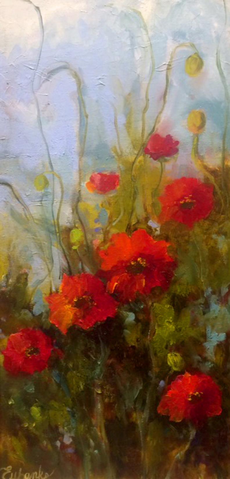 Lori Eubanks' "Wild Flowers" is a 24x12 oil painting on canvas of a wild poppy bush filled with large red blooms set against a blue sky background.

Lori Eubanks is inspired by the French Impressionists, but dedicated to her own unique approach to