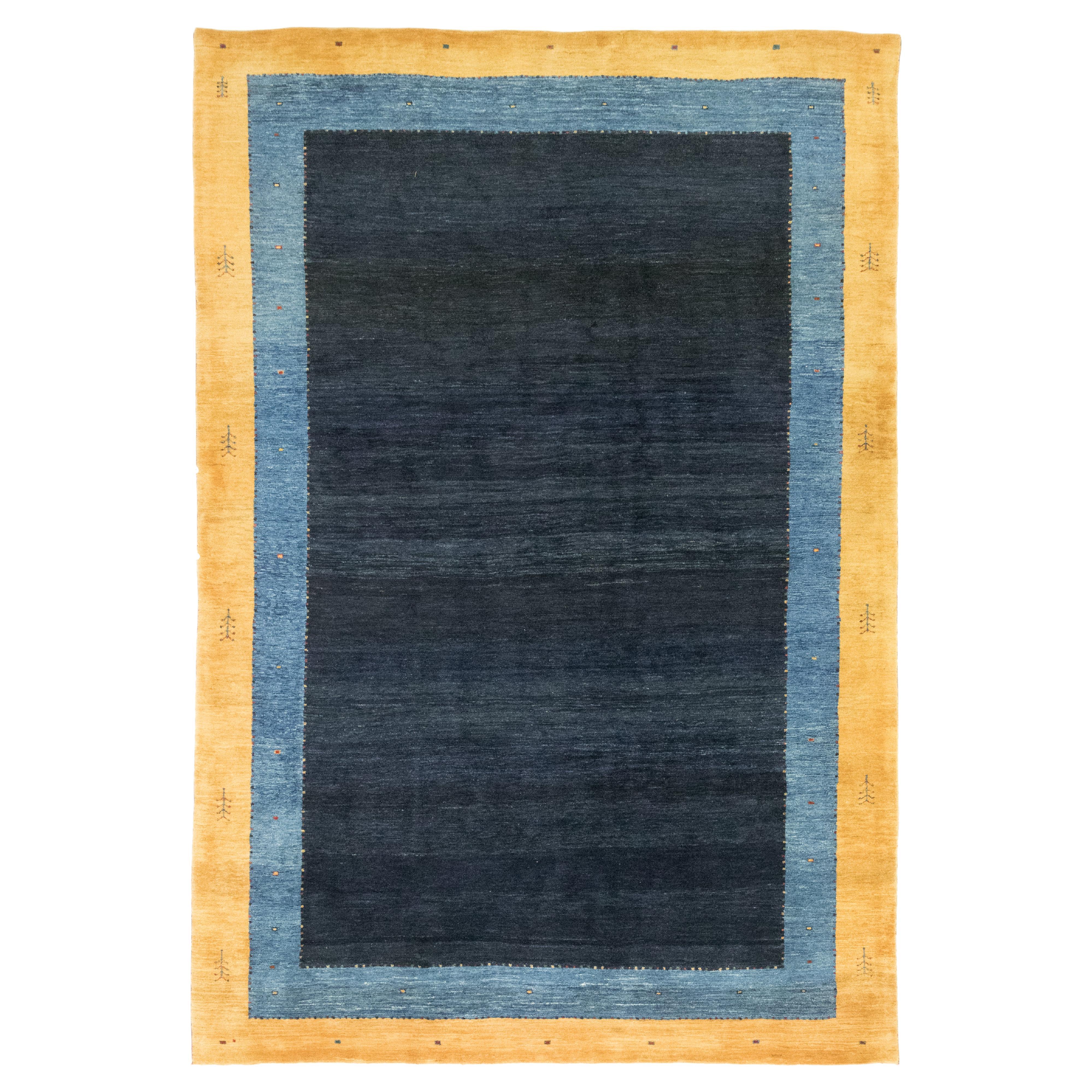 Lori Gabbeh (Indigoblau, breites Blau, goldener Rand, 9'9" × 6'8") im Angebot