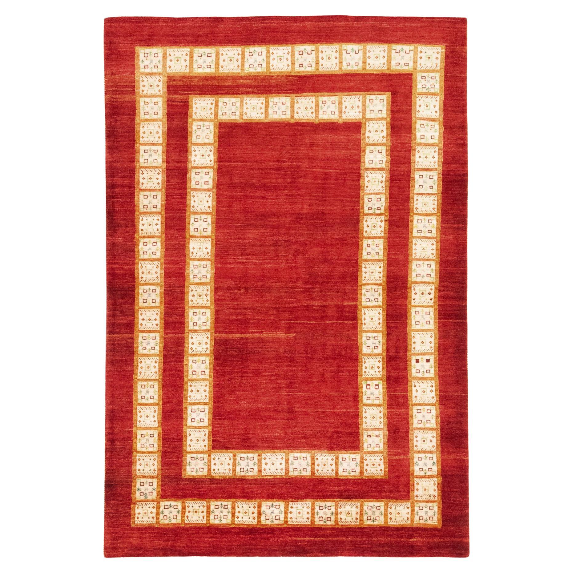 Tappeto Lori Gabbeh, annodato a mano, 8,3 × 5,6 piedi - Rosso intenso e avorio in vendita