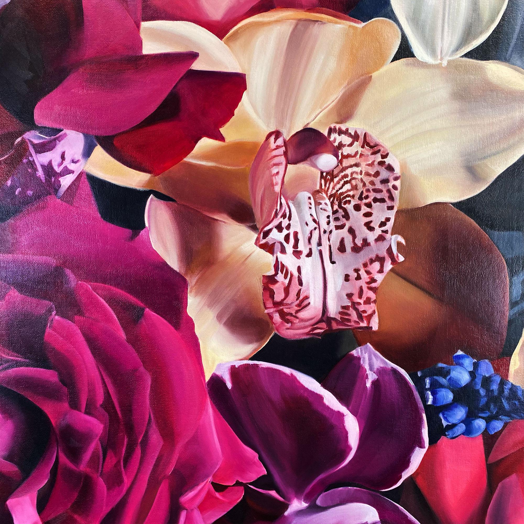 Desir, rich floral oil painting with exquisite detail and luscious colours - Contemporary Mixed Media Art by Lori Klassen