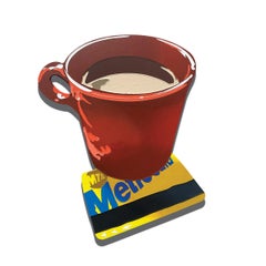 Küchen Waschbecken Stillleben (Kaffee und Metrocard), Pop-Art-Gemälde auf geformter Tafel