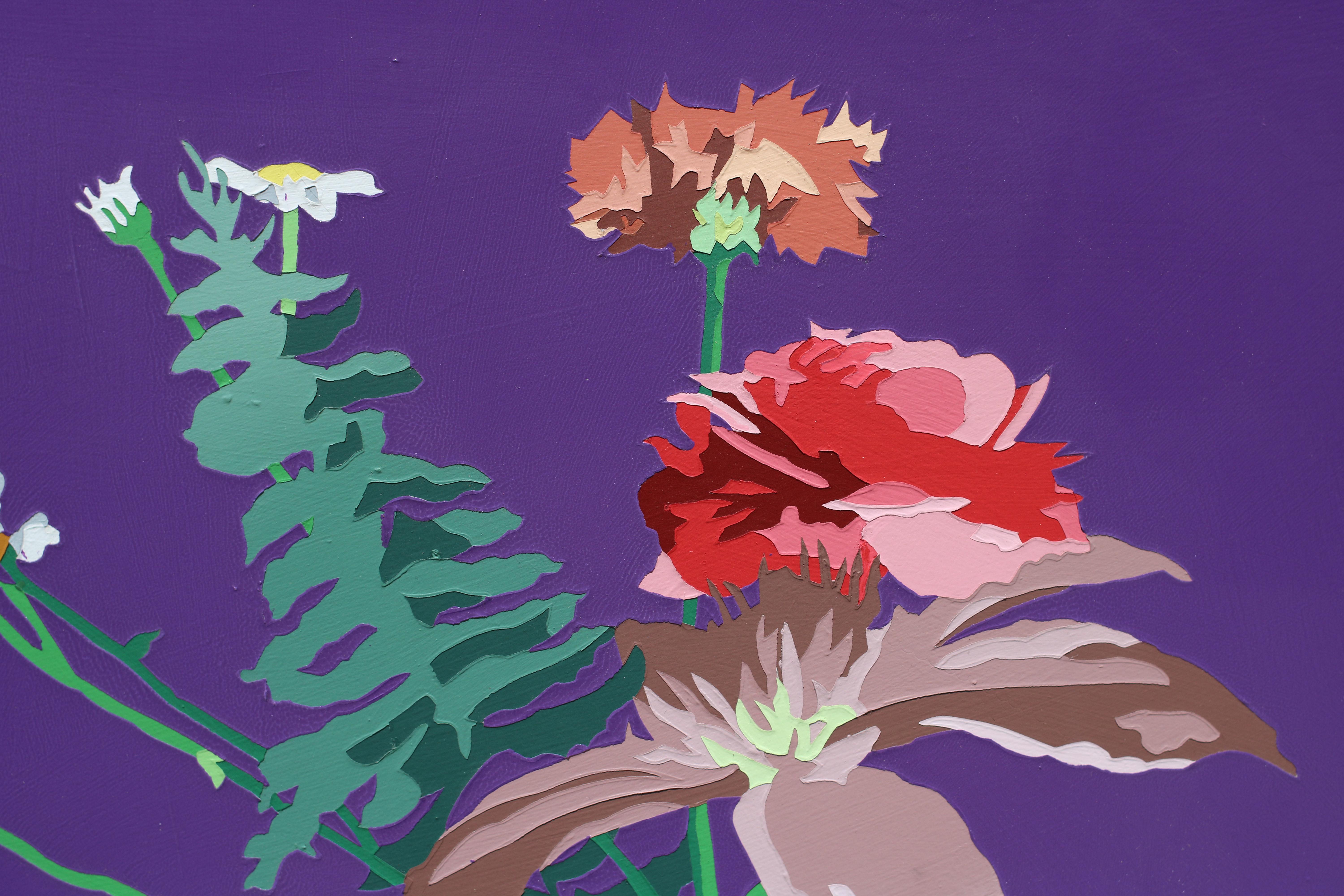 Flower Painting 25, Bold Still Life on Glossy Purple par l'Artiste Contemporain - Violet Interior Painting par Lori Larusso 