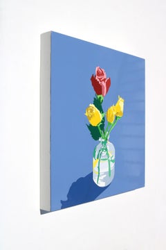 Flower Painting 52, A Glossy Small Pop Floral Blue Still Life with Roses