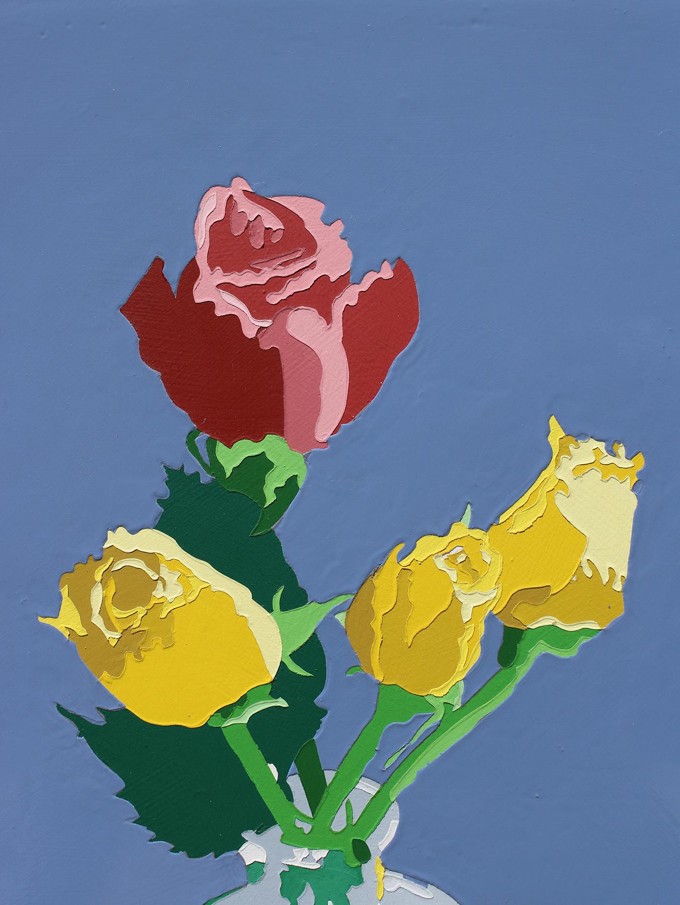 Pintura Floral 52, Un Brillante Pequeño Bodegón Floral Azul Pop con Rosas - Painting Contemporáneo de Lori Larusso 