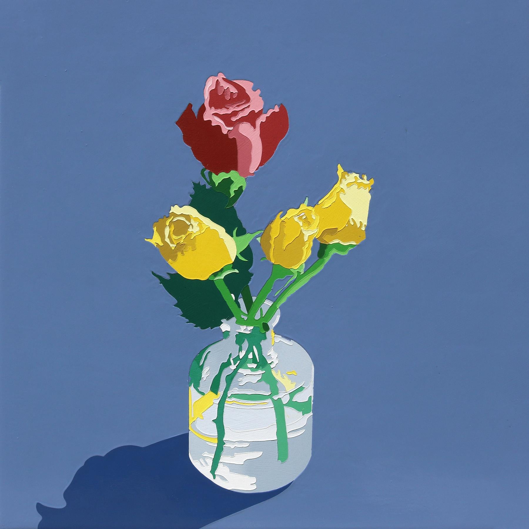 Pittura di fiori 52, una piccola natura morta floreale blu lucida e pop con rose