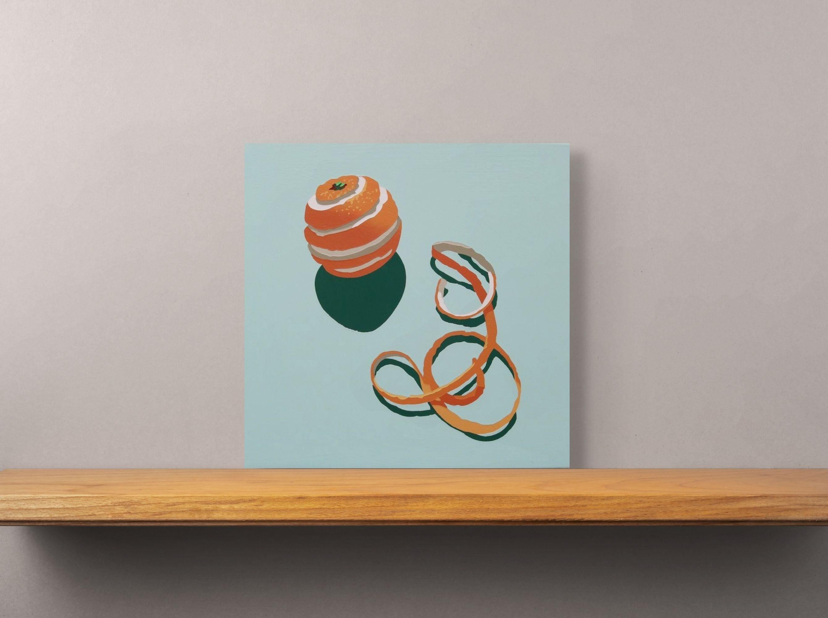 Orange Peel Curls, Glossy Bold Minimalist Still Life Painting with Fruit - Blue Figurative Painting by Lori Larusso 