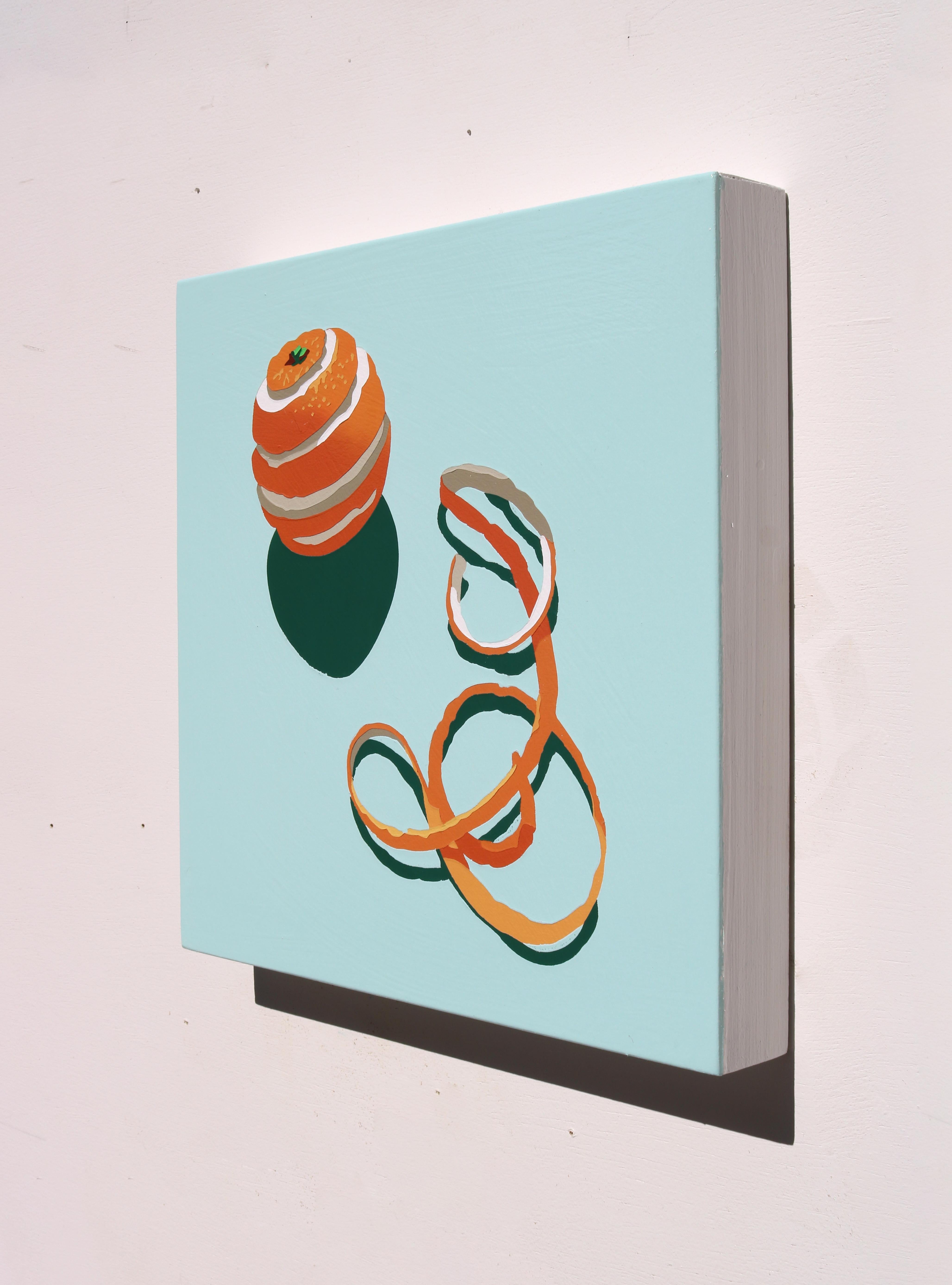 Orange Peel Curls by Lori Larusso (2024) is a compact, vivid composition rendered in acrylic and pigmented varnish on panel. The slick, ultra-glossy surface reflects light, giving the painted orange peel a confection-like sheen. Larusso’s masterful
