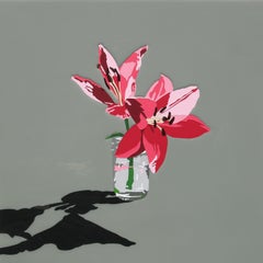 Pink Flowers, Contemporary Still Life with Shadow, Gloss Surface, 18 x 18 Inches