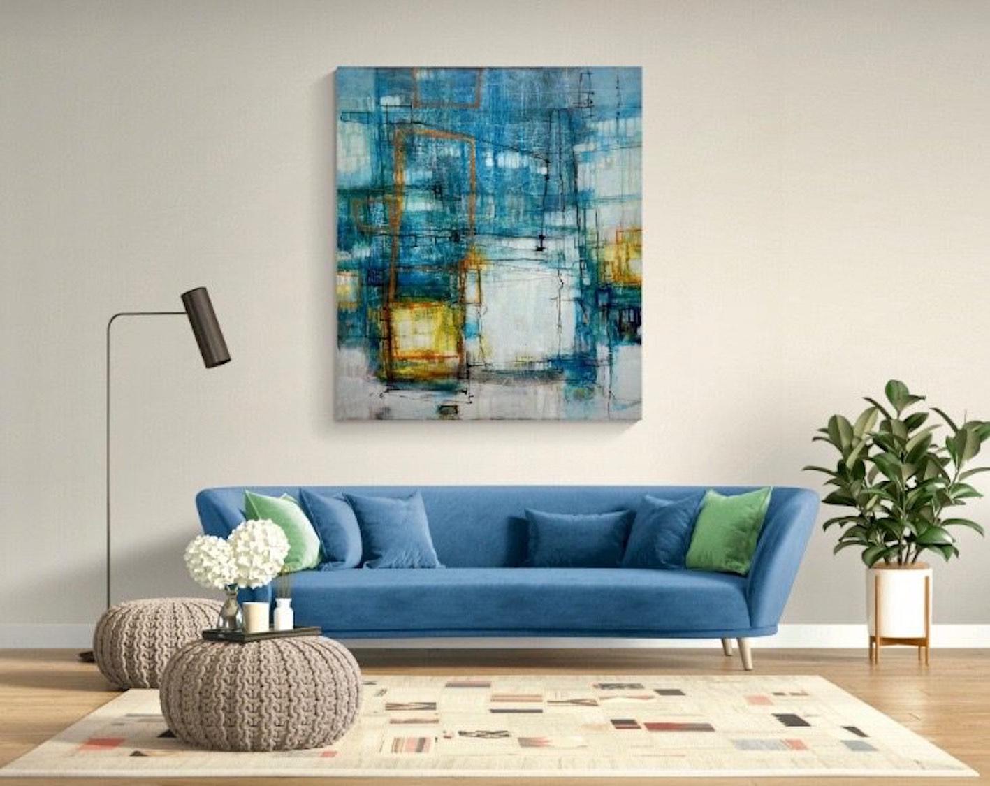 Contemporary mixed-media painter Lori Mirabelli depicts an abstract composition which evokes the pleasure and enjoyment of dancing. The artist applies layers of abstract sweeps of paint work which is highly gestural and expressive, creating a joyful