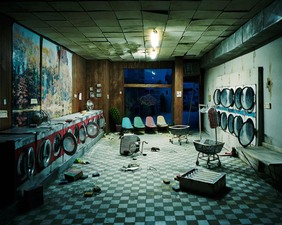 Lori Nix and Kathleen Gerber Color Photograph - Laundromat at Night