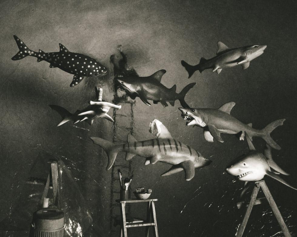 Lori Nix and Kathleen Gerber Black and White Photograph - Sharks