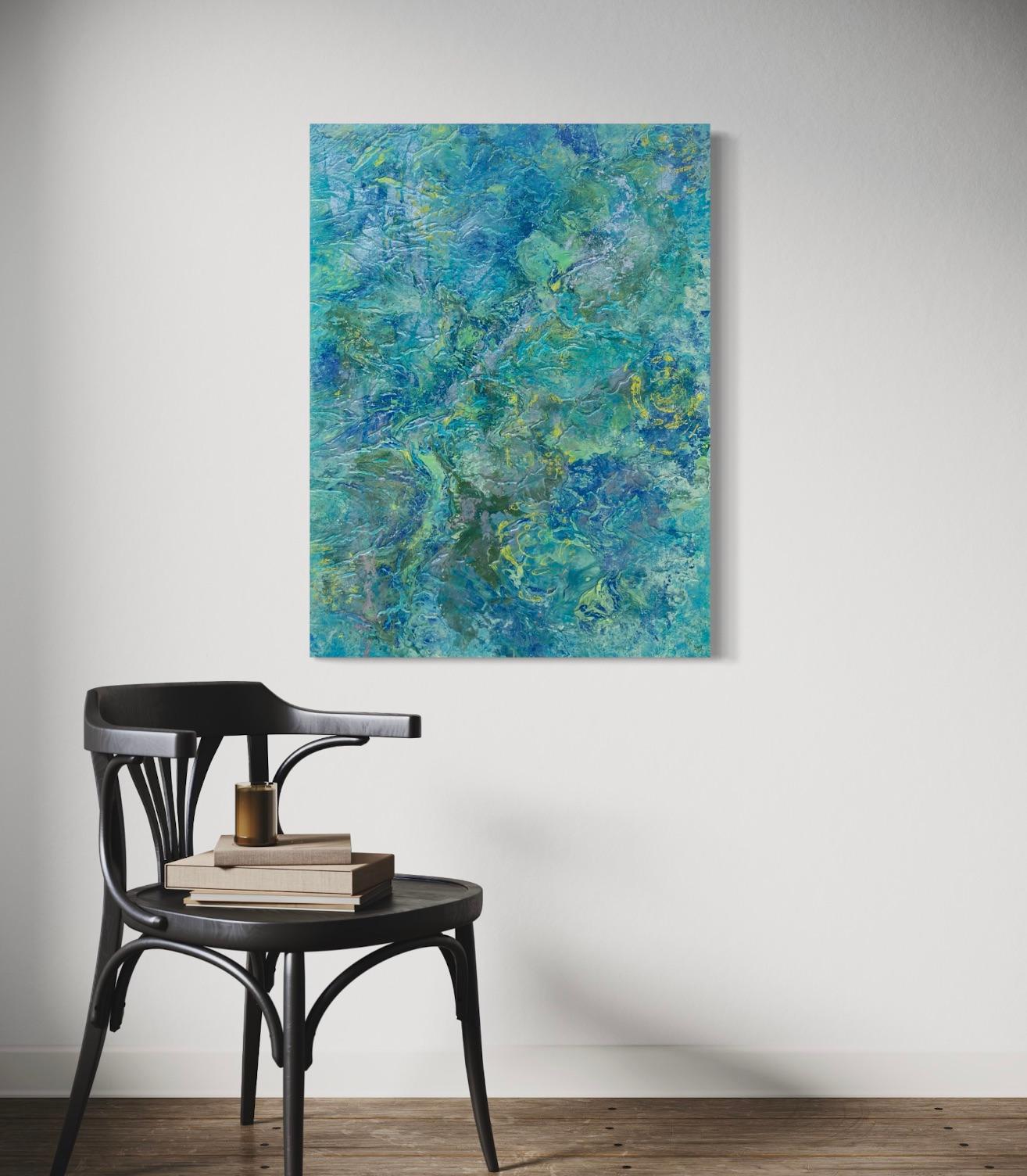 'Aerial Panorama' by Lori Poncsak - Green, Blue, and Yellow Textured Abstract For Sale 1