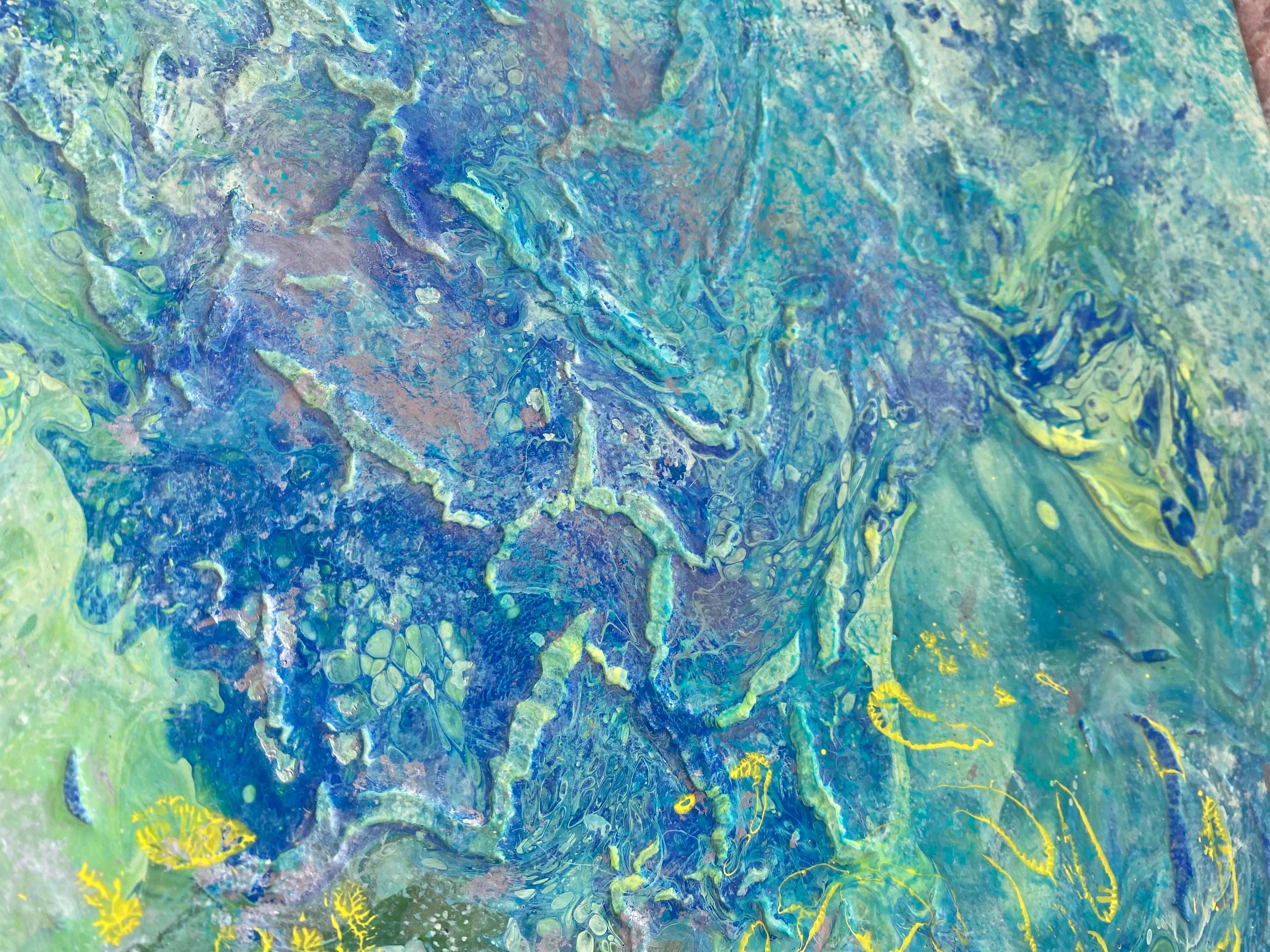 'Aerial Panorama' by Lori Poncsak - Green, Blue, and Yellow Textured Abstract For Sale 3