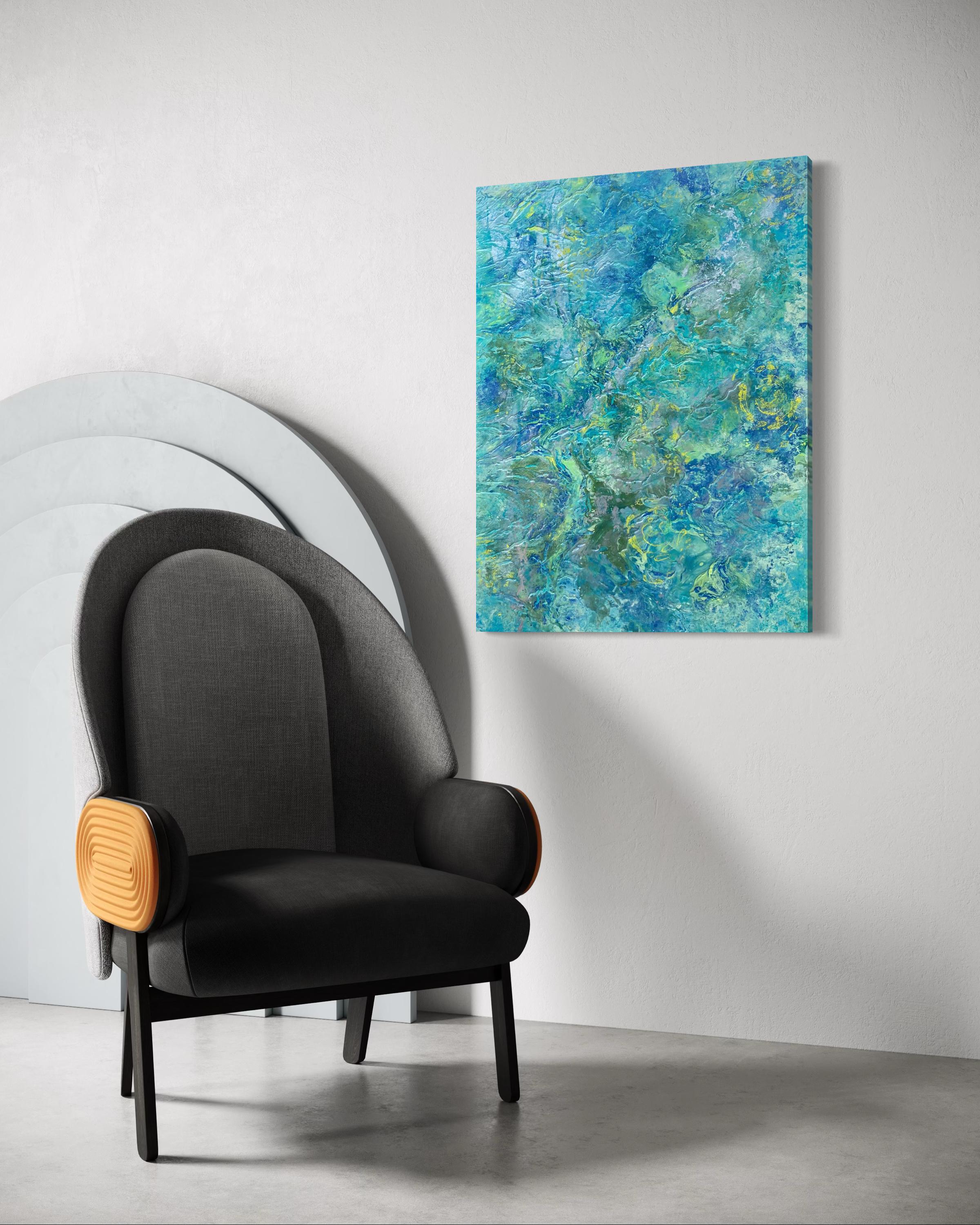 'Aerial Panorama' by Lori Poncsak - Green, Blue, and Yellow Textured Abstract For Sale 2