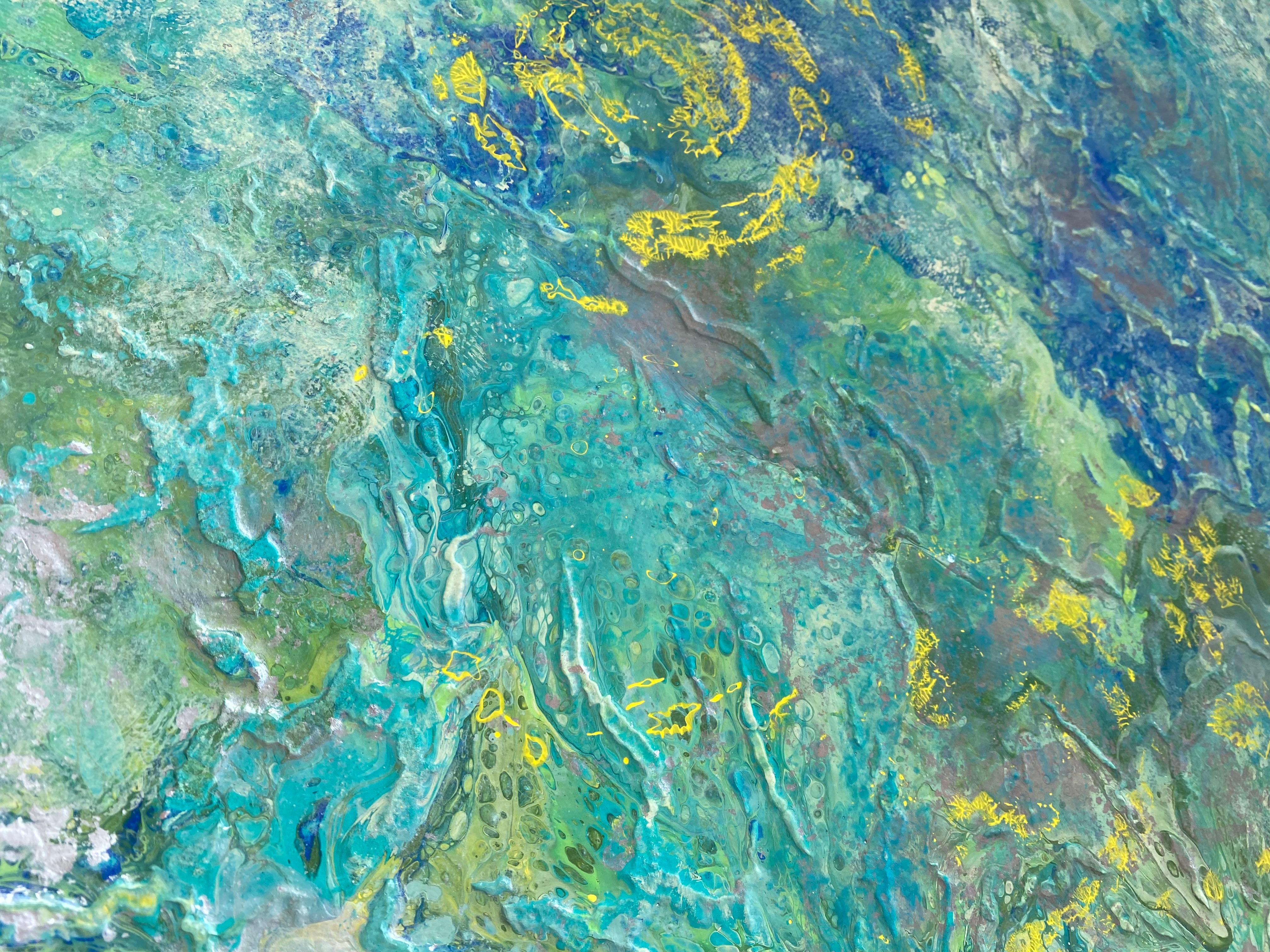 'Aerial Panorama' by Lori Poncsak - Green, Blue, and Yellow Textured Abstract For Sale 5