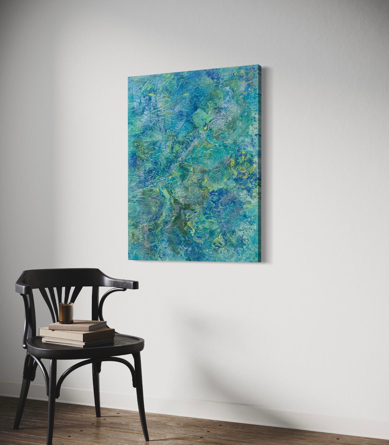 'Aerial Panorama' by Lori Poncsak - Green, Blue, and Yellow Textured Abstract For Sale 7