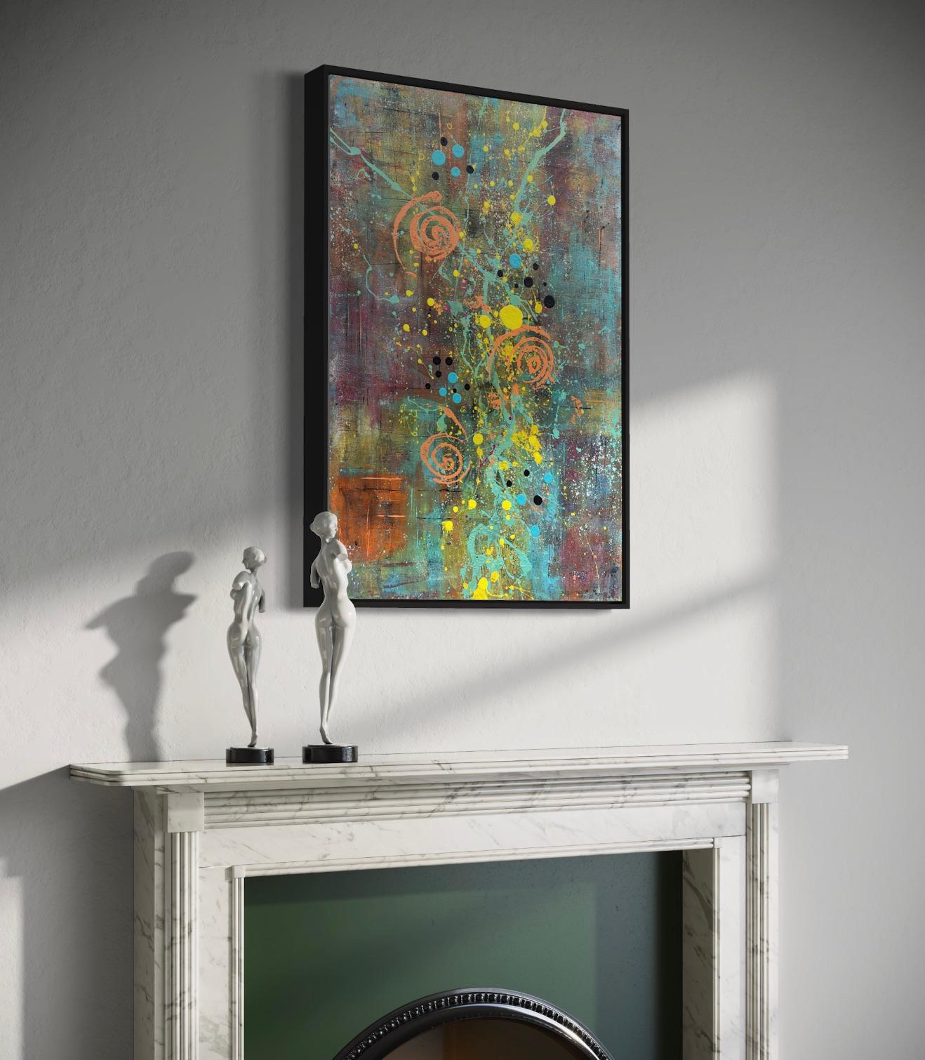 'Cadence' by Lori Poncsak - Bright Blue, Orange and Muted Tone Abstract Painting For Sale 8