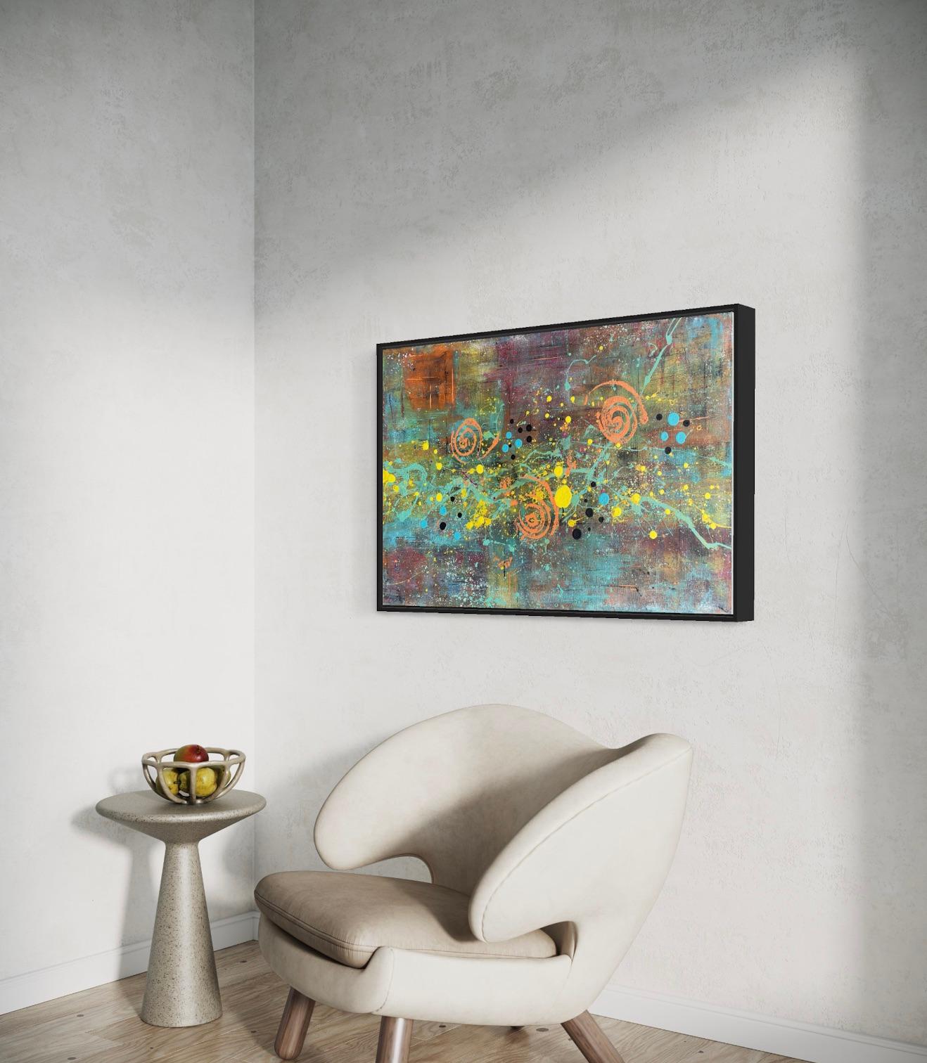 'Cadence' by Lori Poncsak - Bright Blue, Orange and Muted Tone Abstract Painting For Sale 9