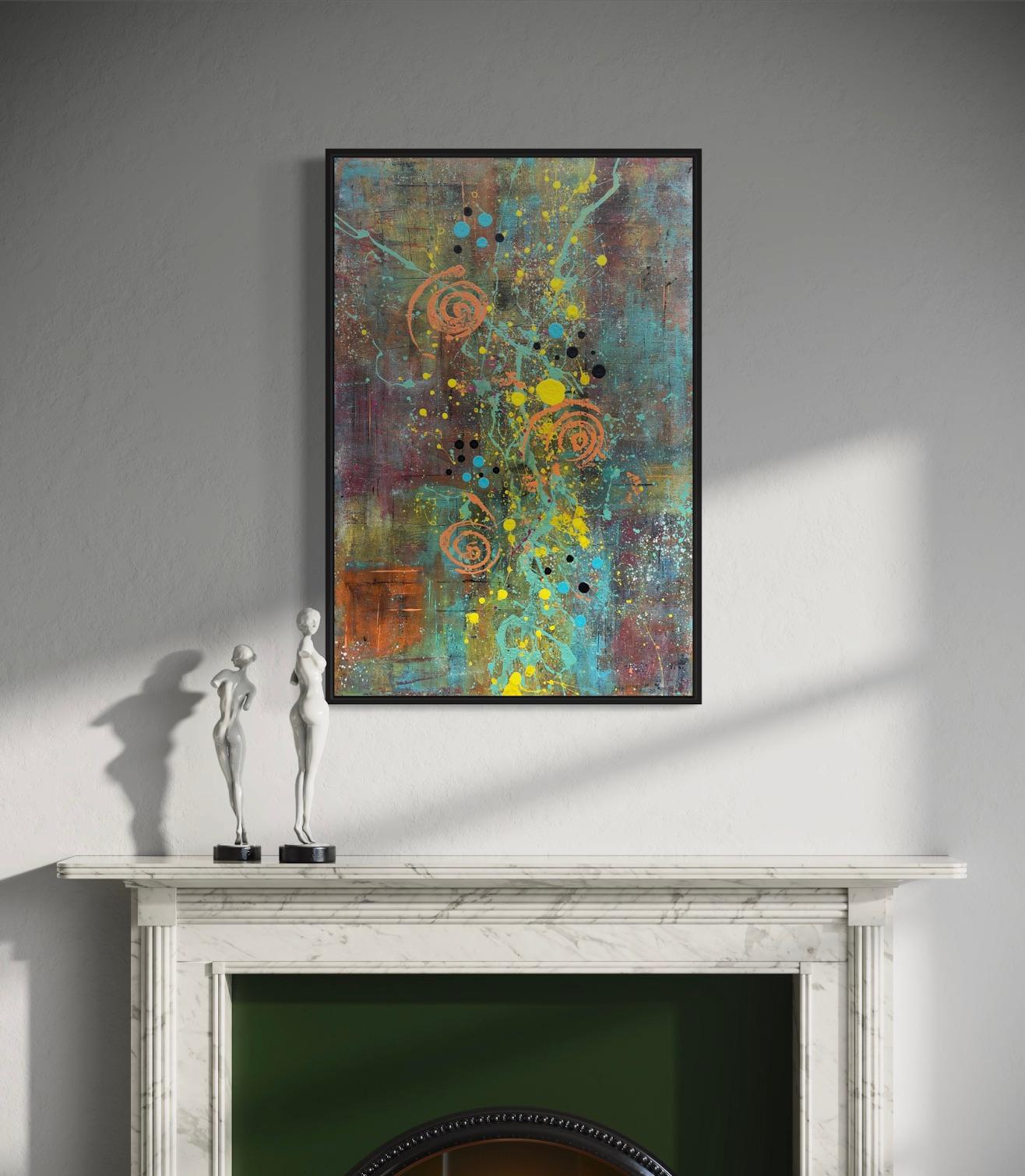 'Cadence' by Lori Poncsak - Bright Blue, Orange and Muted Tone Abstract Painting For Sale 1