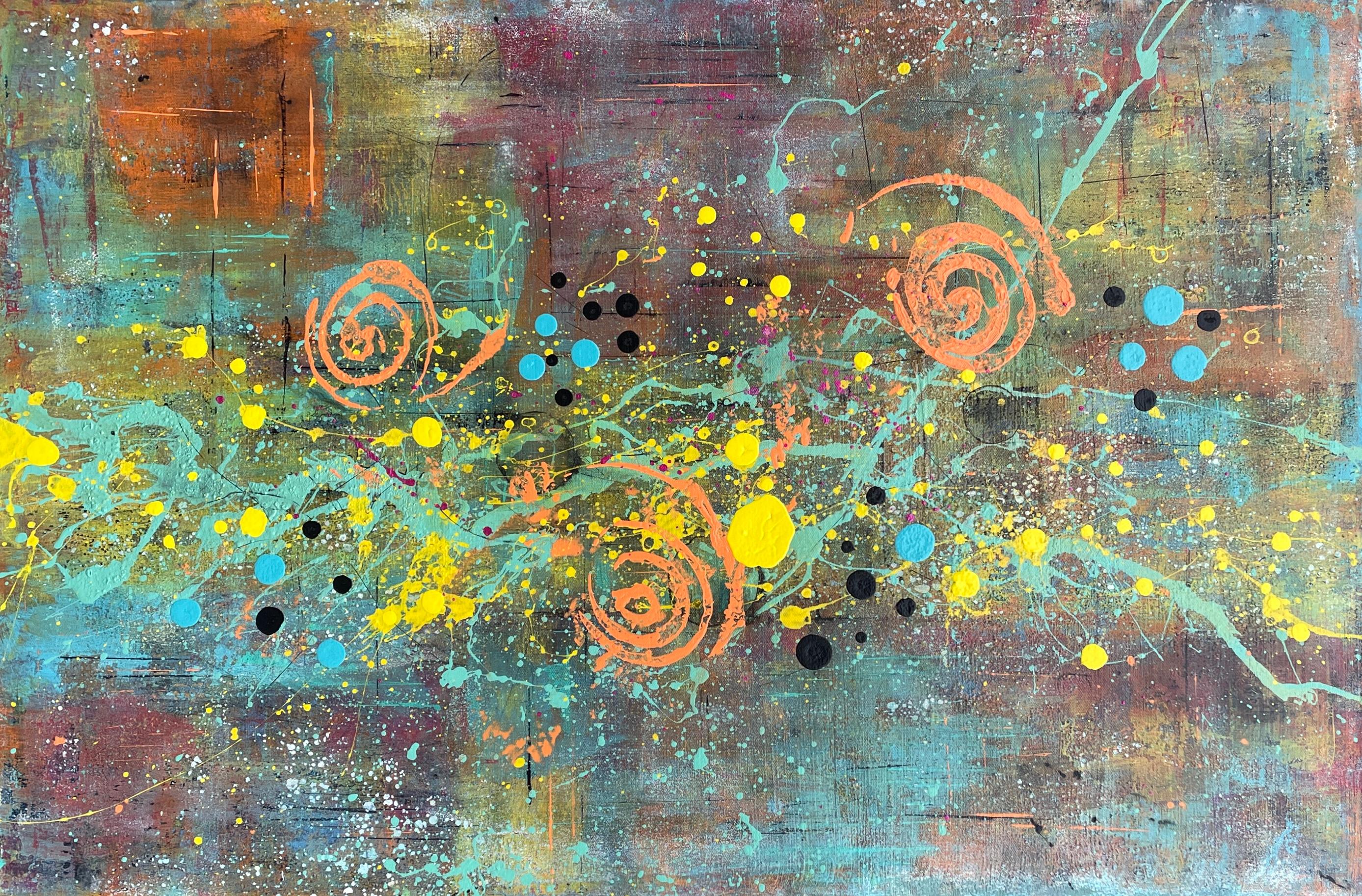 'Cadence' by Lori Poncsak - Bright Blue, Orange and Muted Tone Abstract Painting For Sale 2