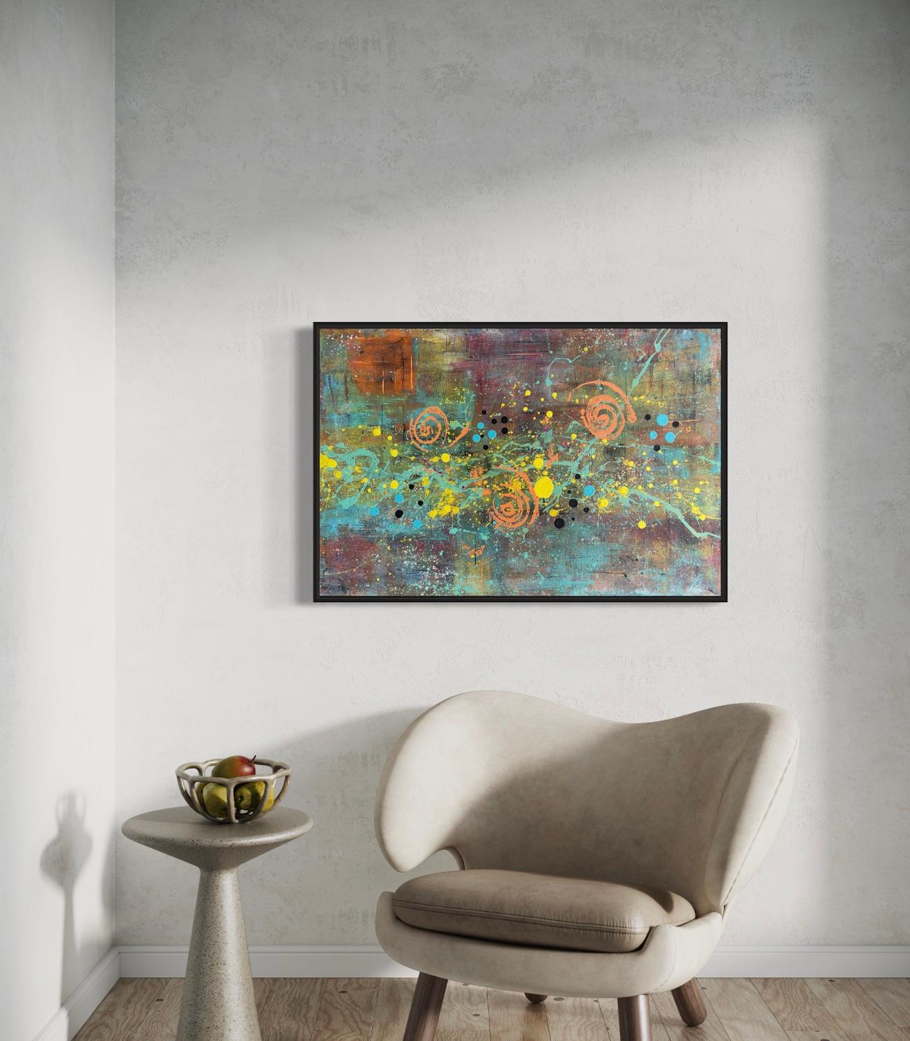 'Cadence' by Lori Poncsak - Bright Blue, Orange and Muted Tone Abstract Painting For Sale 3