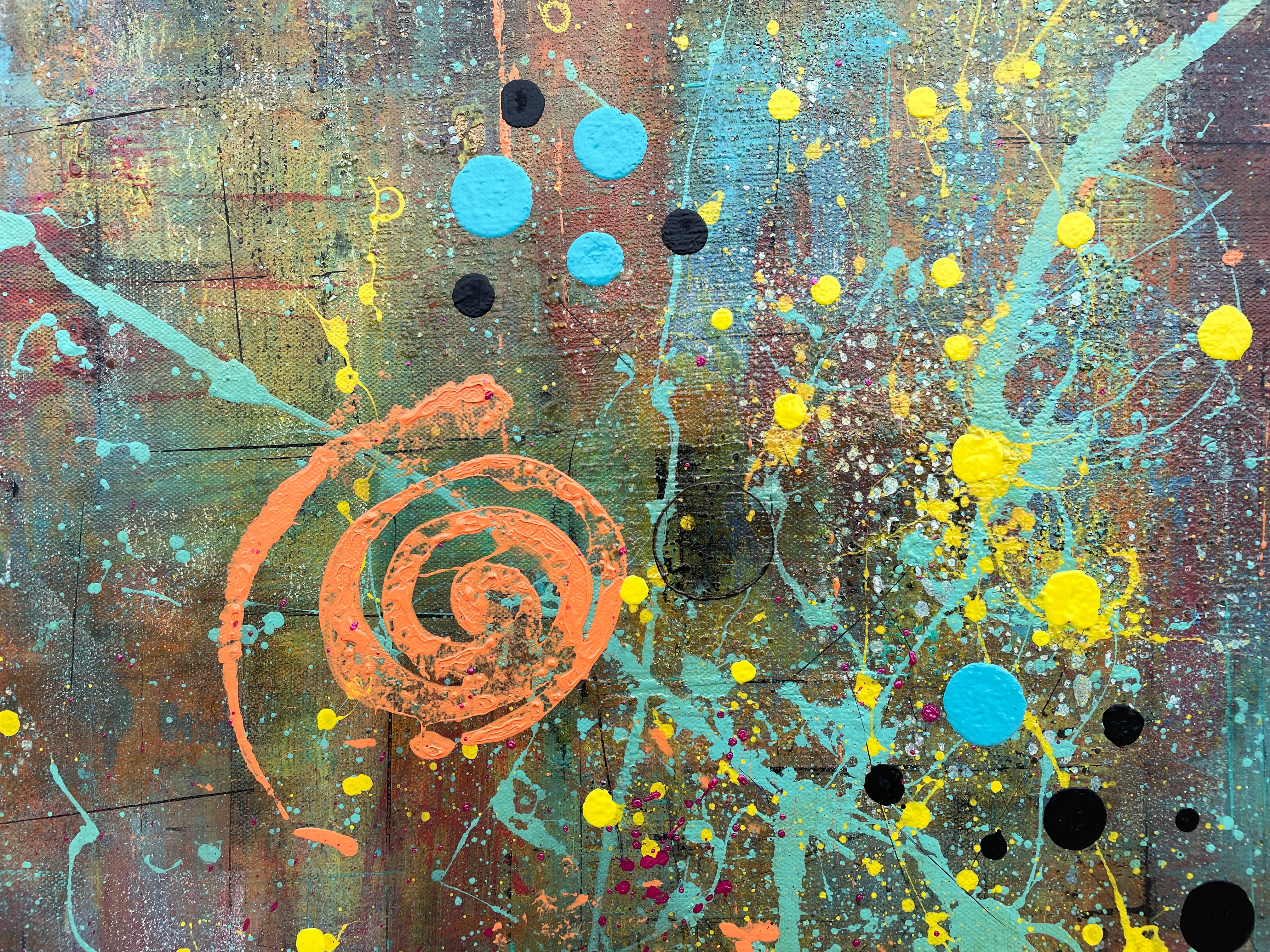 'Cadence' by Lori Poncsak - Bright Blue, Orange and Muted Tone Abstract Painting For Sale 4