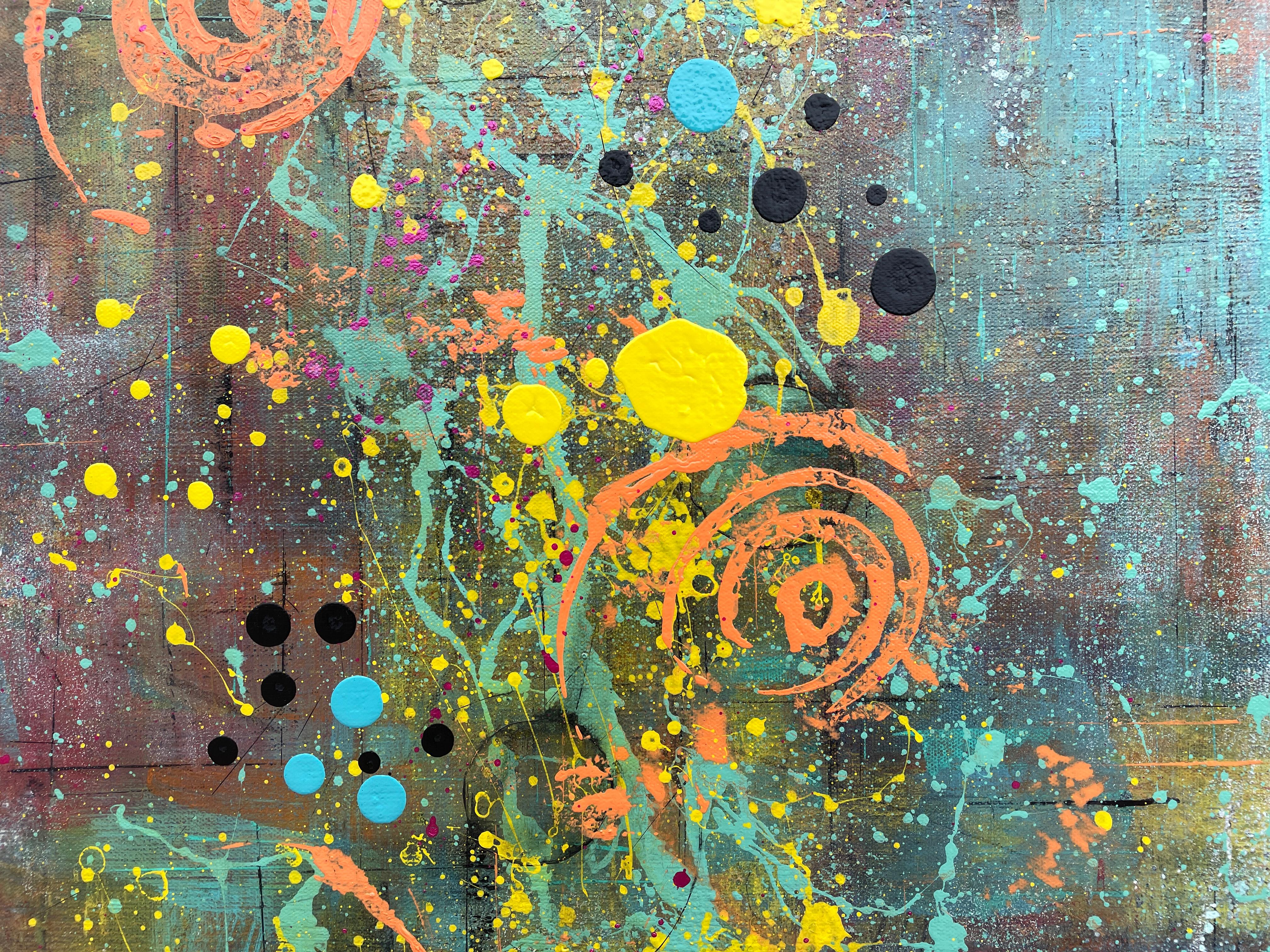'Cadence' by Lori Poncsak - Bright Blue, Orange and Muted Tone Abstract Painting For Sale 5