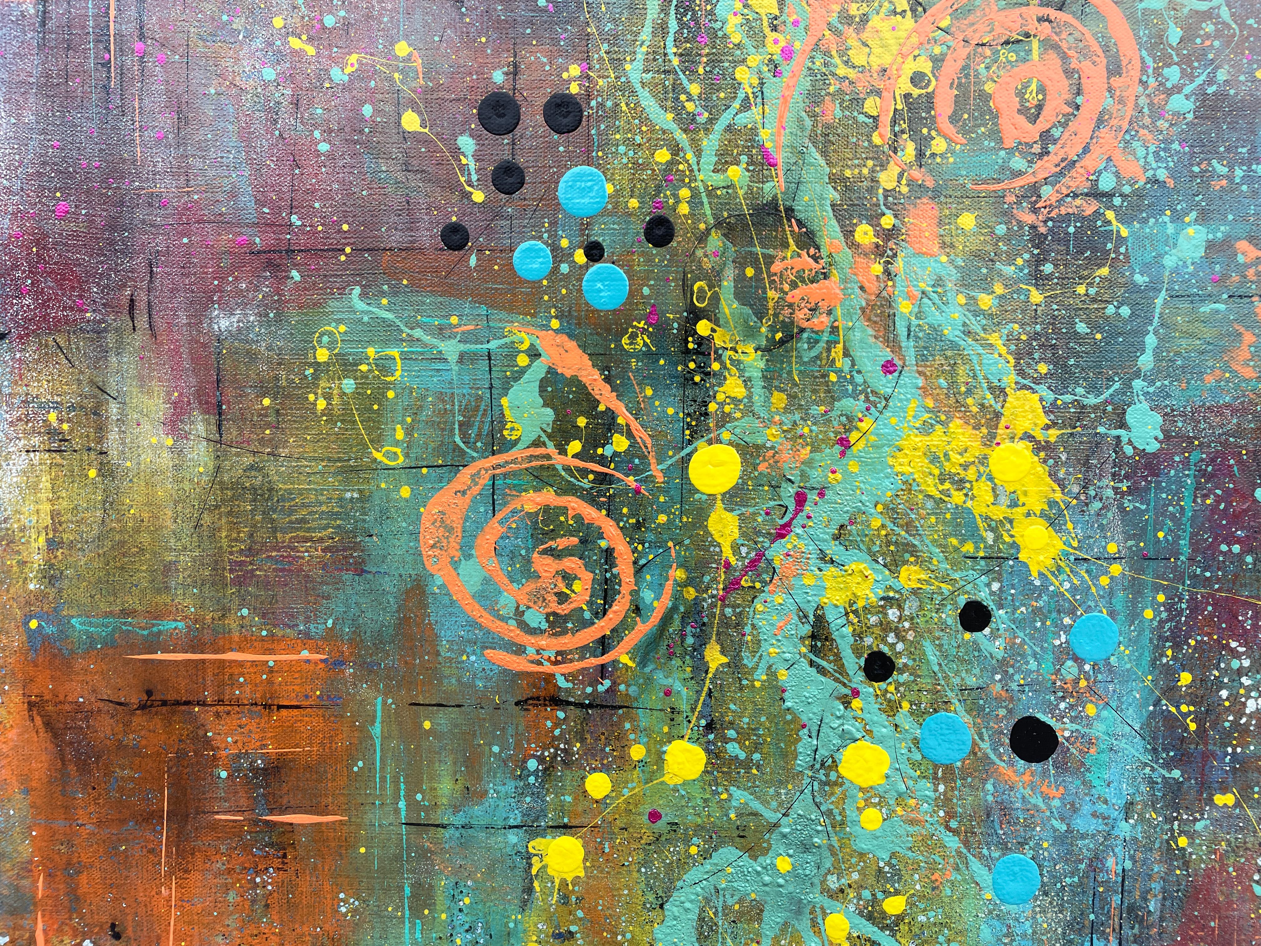 'Cadence' by Lori Poncsak - Bright Blue, Orange and Muted Tone Abstract Painting For Sale 6