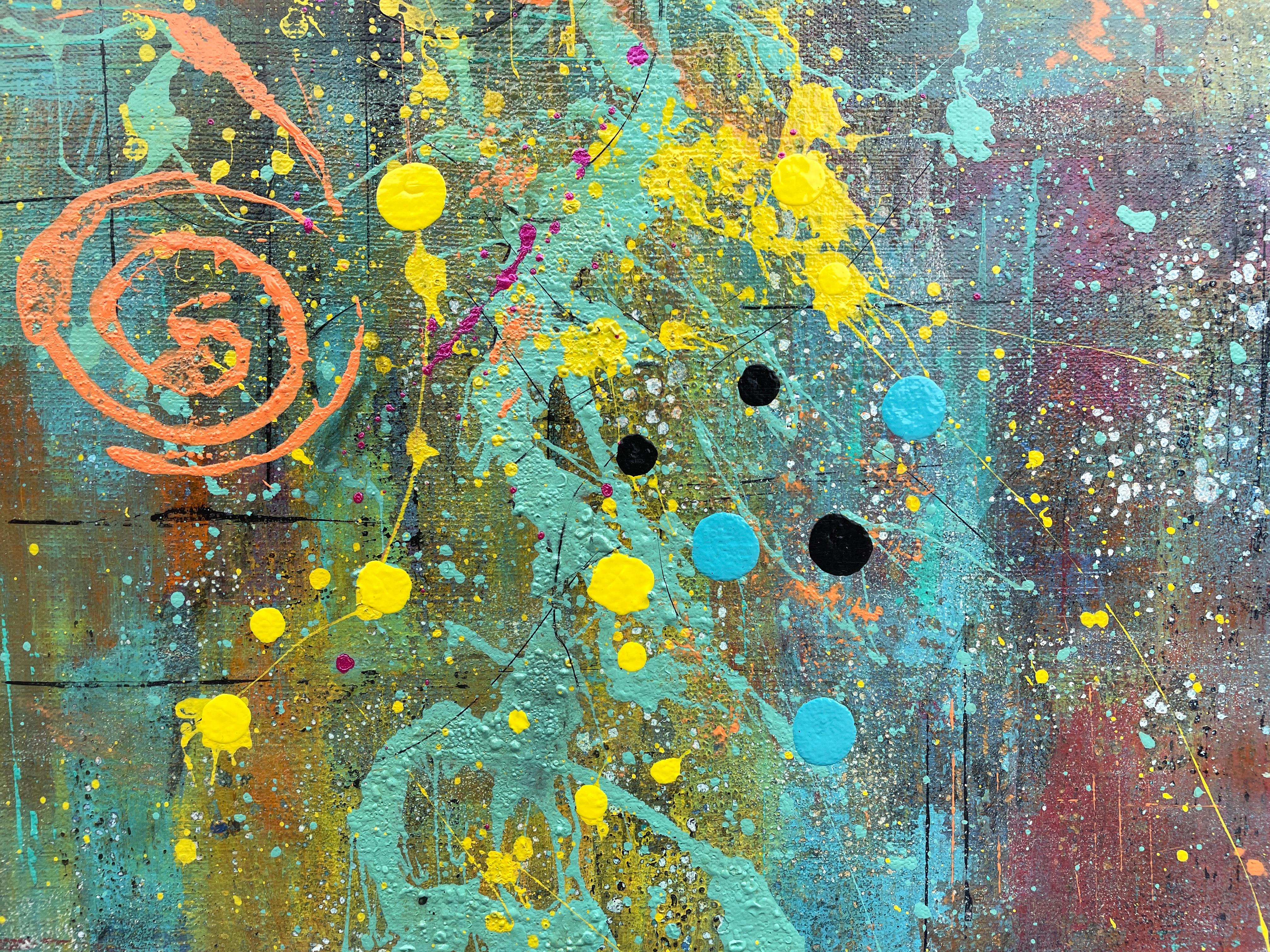 'Cadence' by Lori Poncsak - Bright Blue, Orange and Muted Tone Abstract Painting For Sale 7