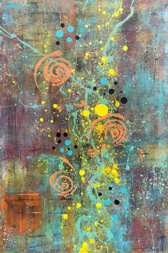 'Cadence' by Lori Poncsak - Bright Blue, Orange and Muted Tone Abstract Painting