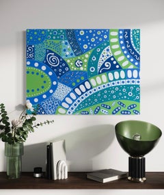 "Celeste En Blue" - White, Blue, and Green Bright Geometric Abstract Painting