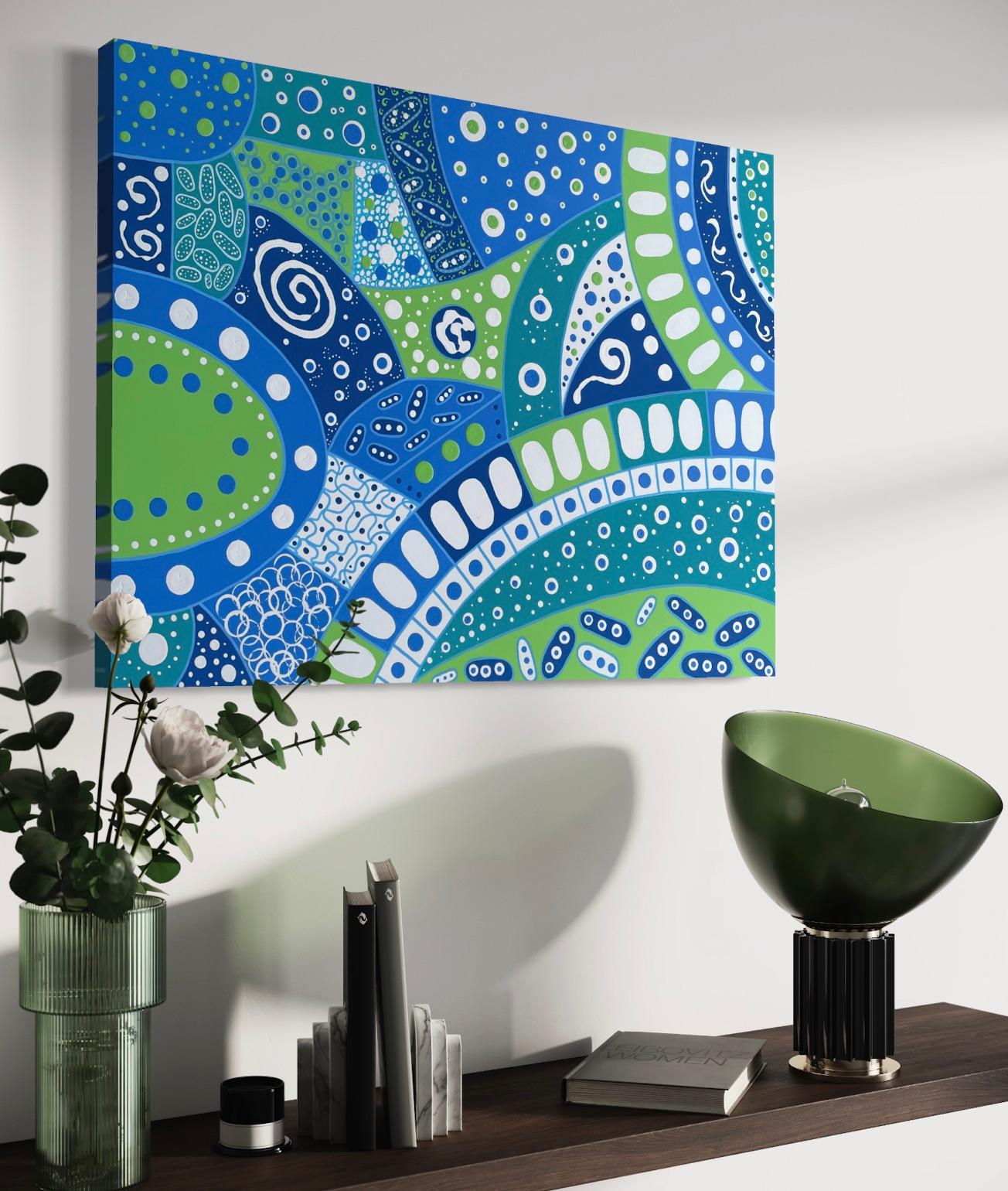'Celeste En Blue' by Lori Poncsak - Blue and Green Bright Geometric Abstract For Sale 7