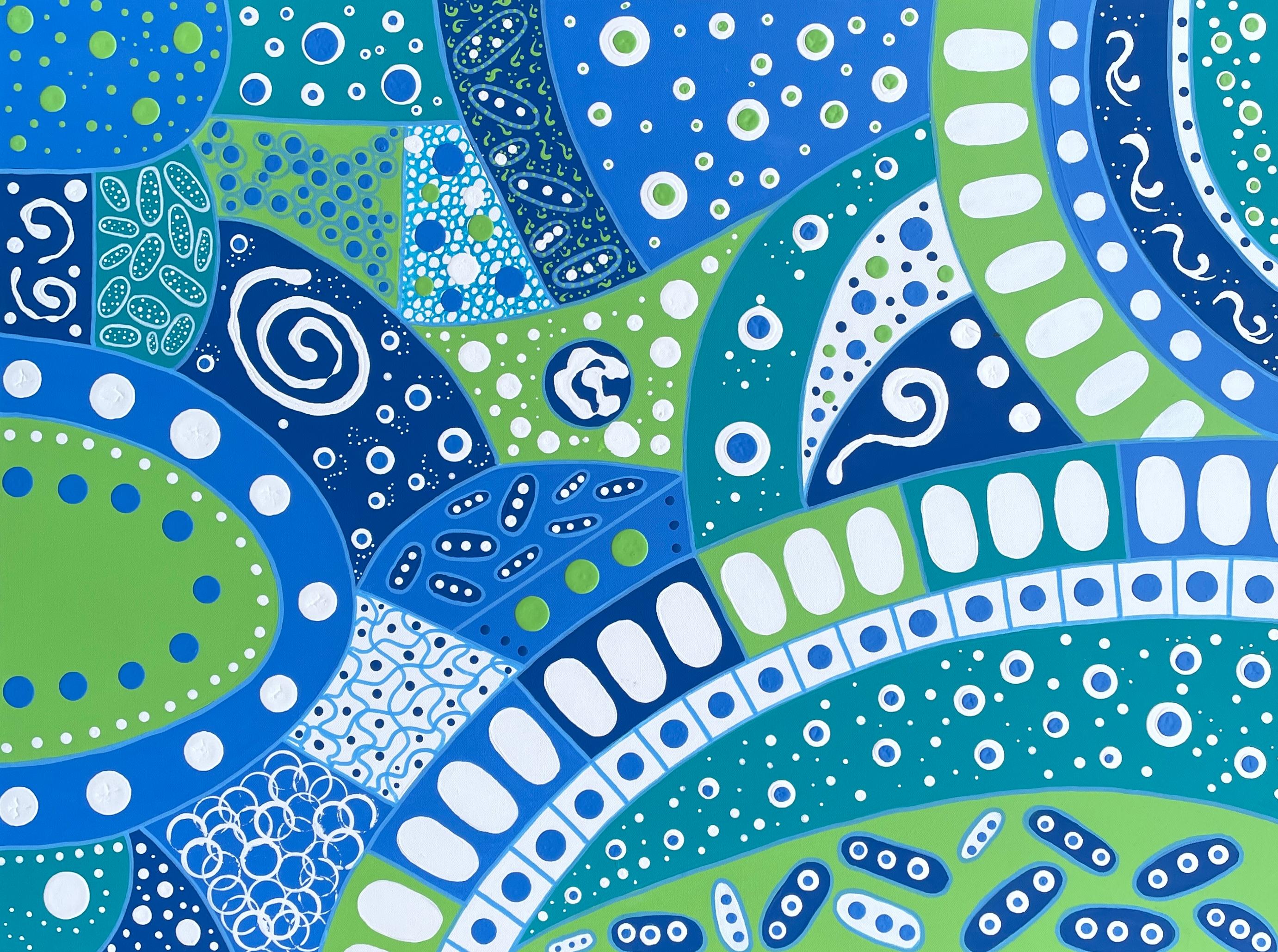 Celeste En Blue" di Lori Poncsak - Astratto geometrico luminoso blu e verde