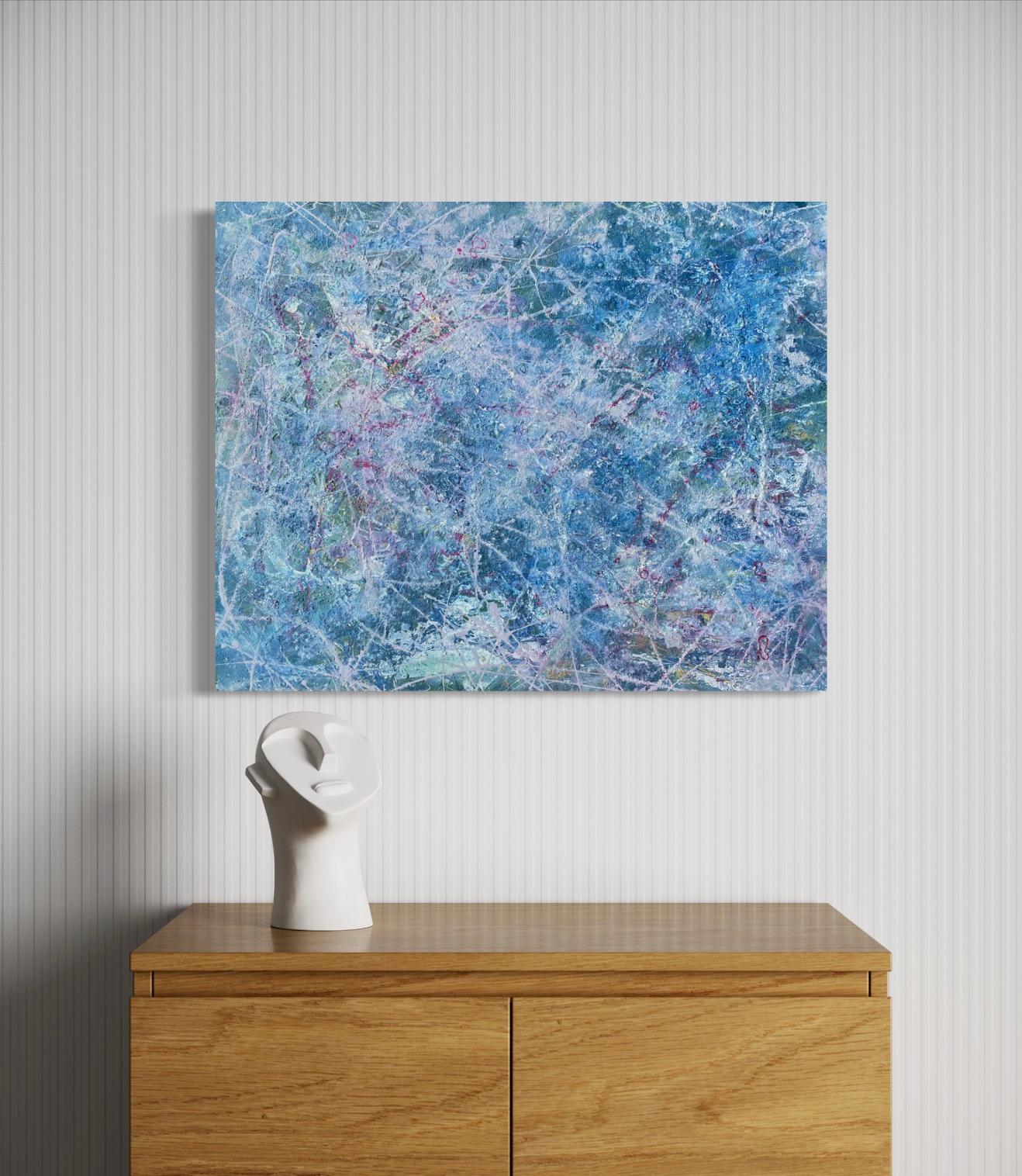 'Continuance' by Lori Poncsak - Blue and Pink Splatter Abstract Expressionism For Sale 1