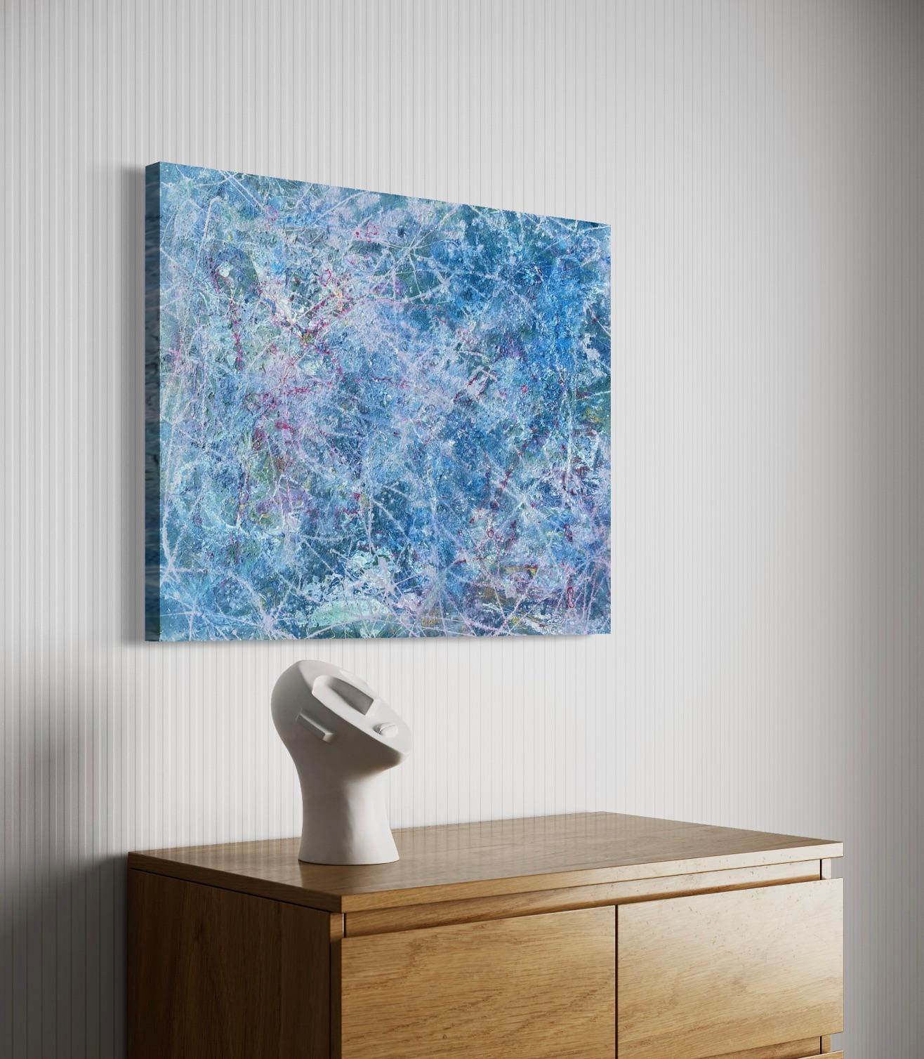 'Continuance' by Lori Poncsak - Blue and Pink Splatter Abstract Expressionism For Sale 2