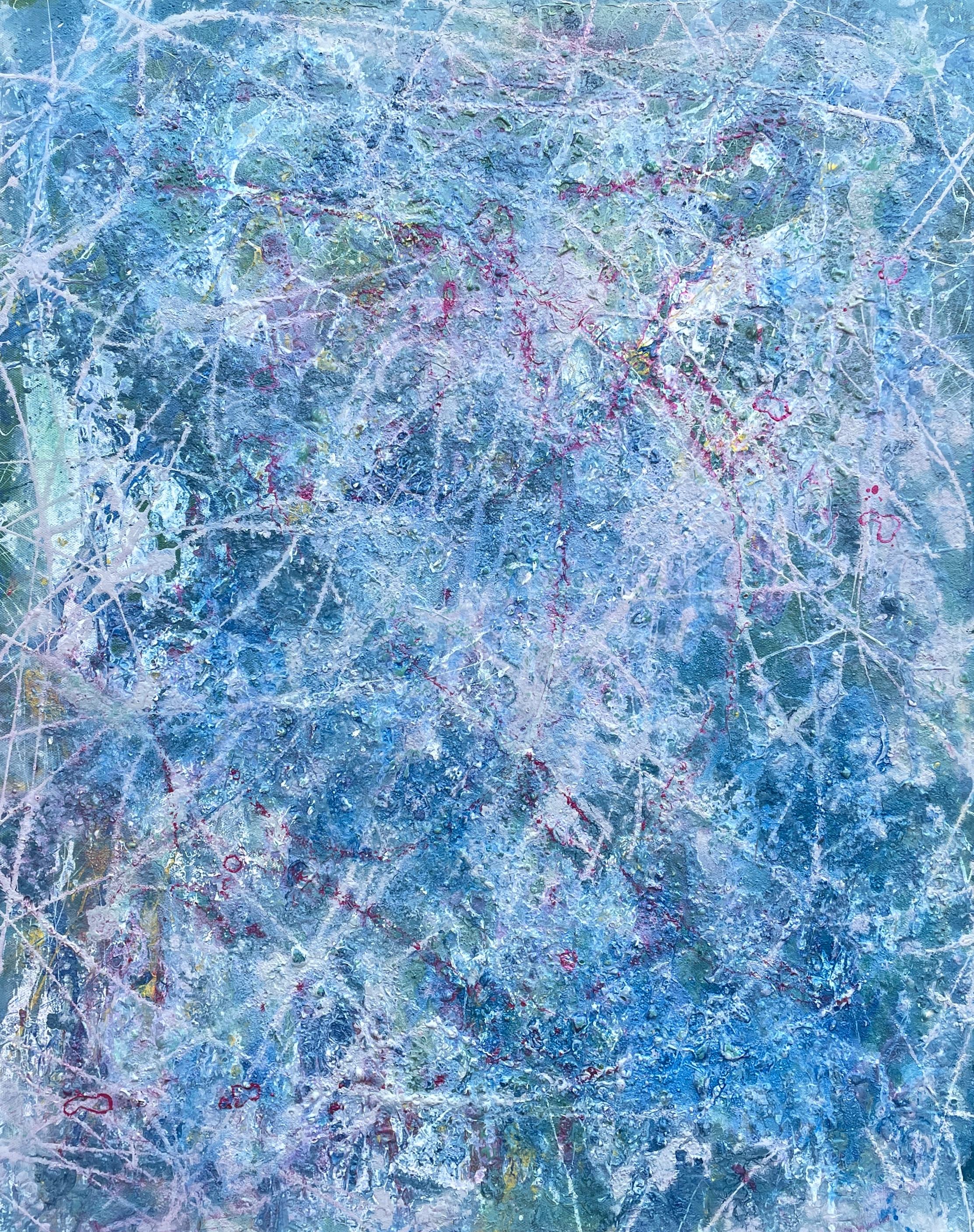 'Continuance' by Lori Poncsak - Blue and Pink Splatter Abstract Expressionism For Sale 3