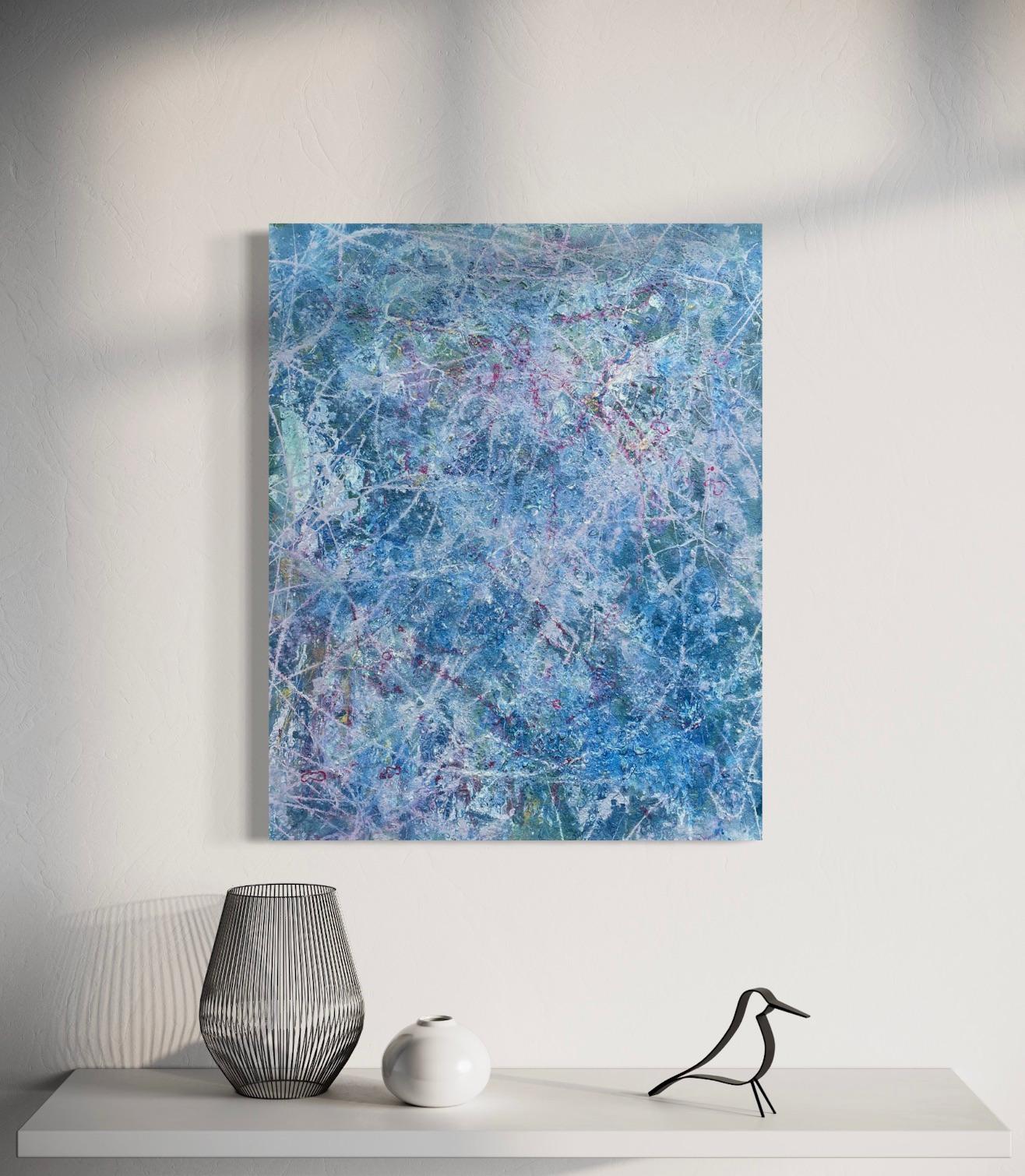 'Continuance' by Lori Poncsak - Blue and Pink Splatter Abstract Expressionism  For Sale 4