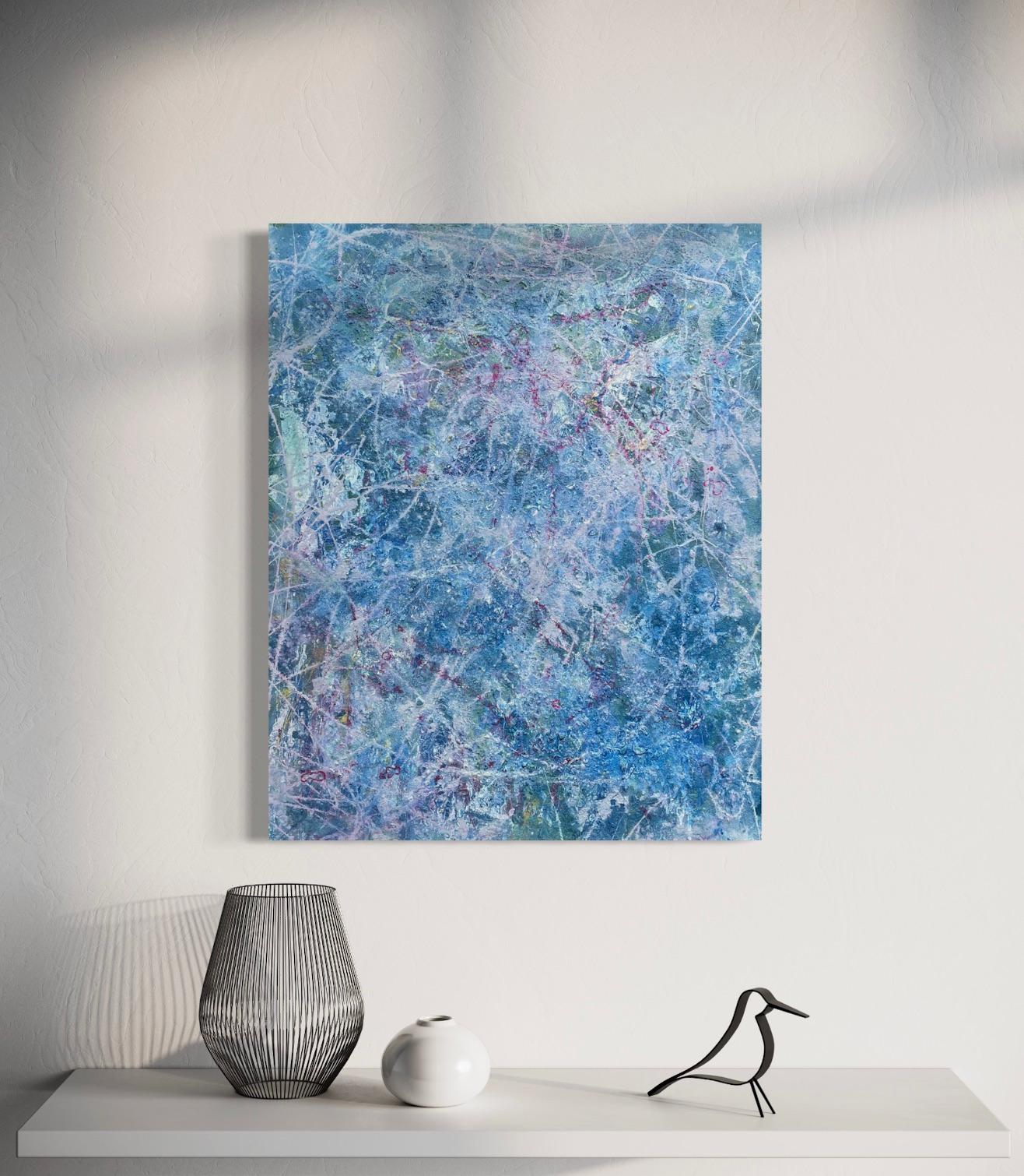 'Continuance' by Lori Poncsak - Blue and Pink Splatter Abstract Expressionism For Sale 4