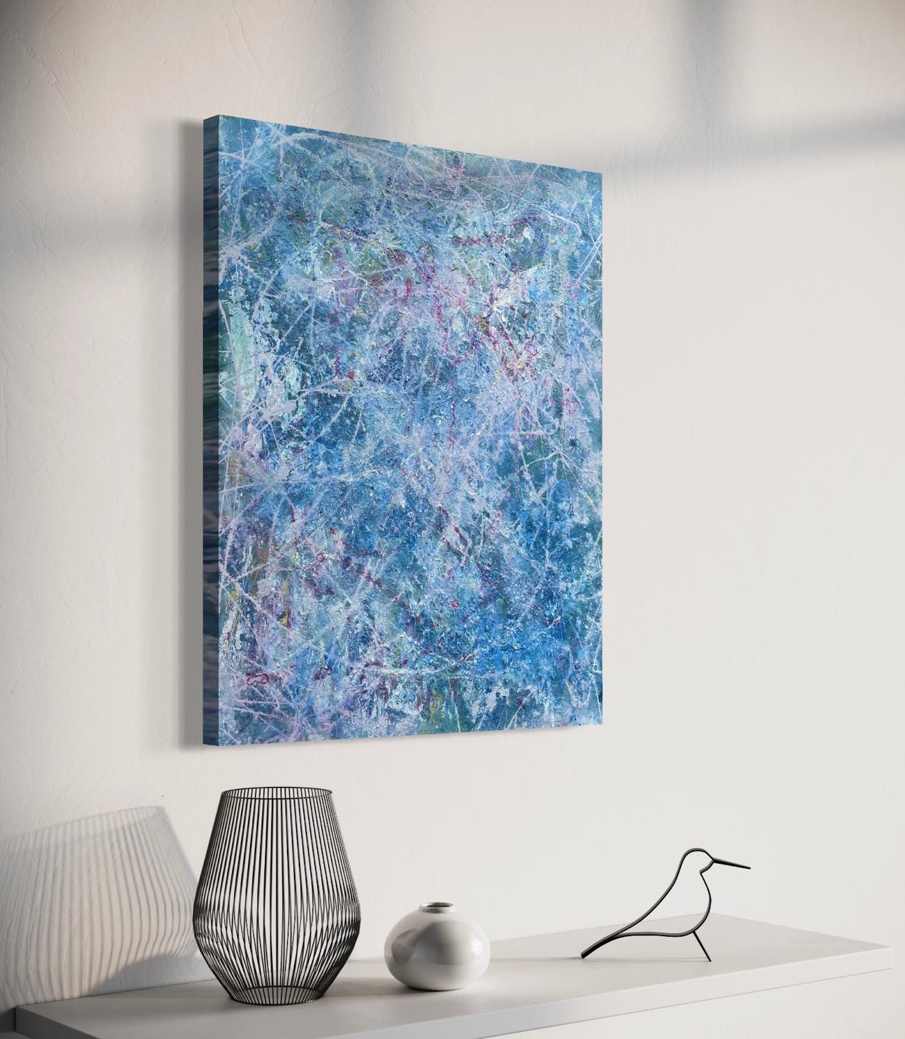 'Continuance' by Lori Poncsak - Blue and Pink Splatter Abstract Expressionism For Sale 5