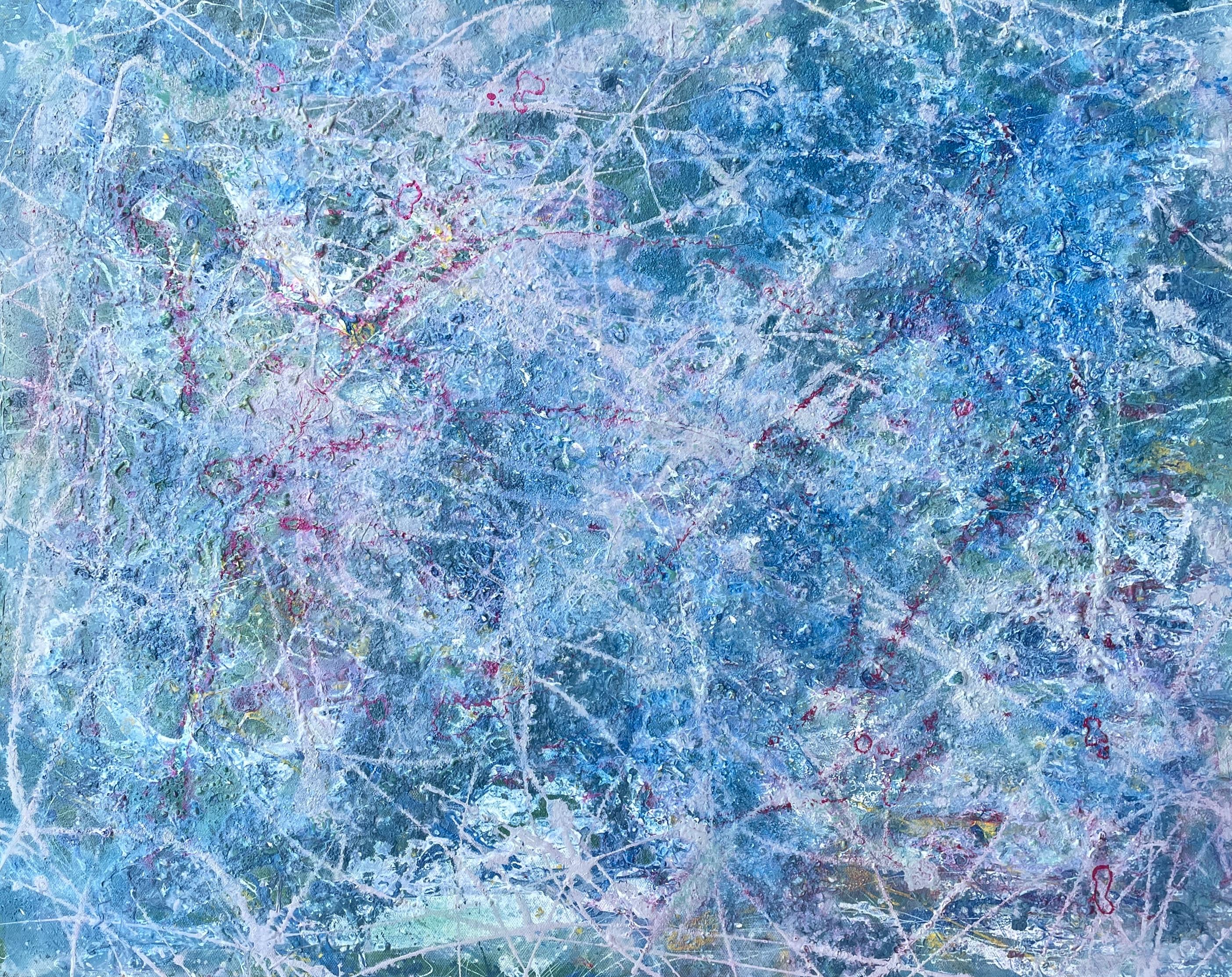 'Continuance' by Lori Poncsak is a stunning 24" x 30" acrylic on canvas that masterfully illustrates the fluidity and depth of abstract expressionism. This artwork features a rich tapestry of blues, from icy light hues to deep oceanic tones,