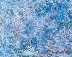 «Continuance » de Lori Poncsak - Expressionnisme abstrait à éclabousssures bleues et roses 