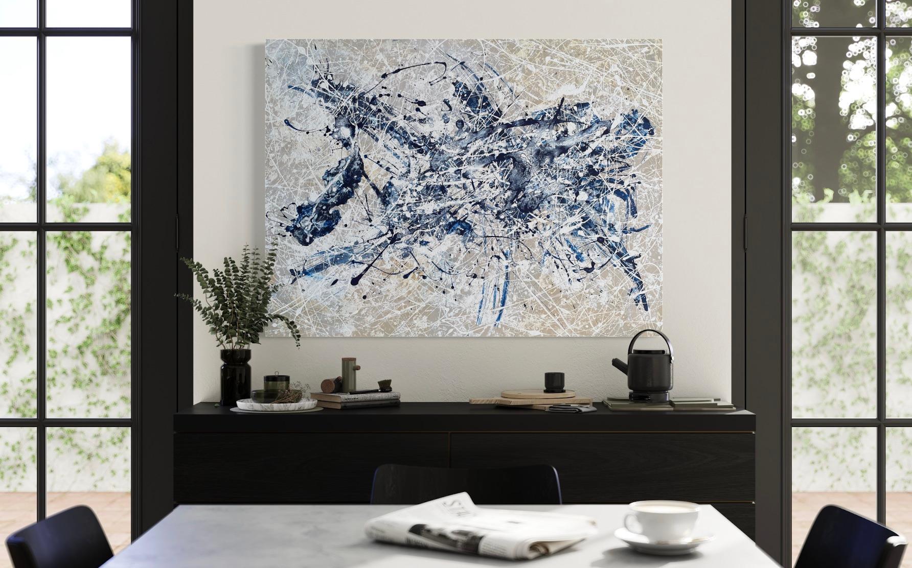 'Dancer' by Lori Poncsak - Blue and White Splatter Abstract Expressionism For Sale 9