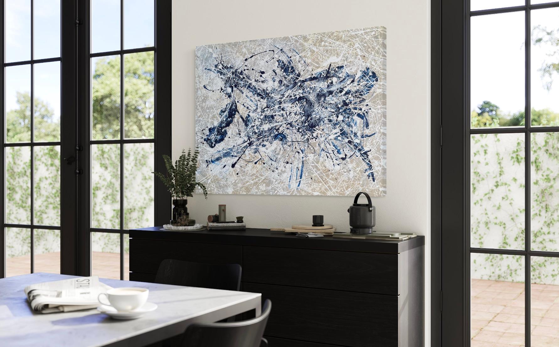 'Dancer' by Lori Poncsak - Blue and White Splatter Abstract Expressionism For Sale 10