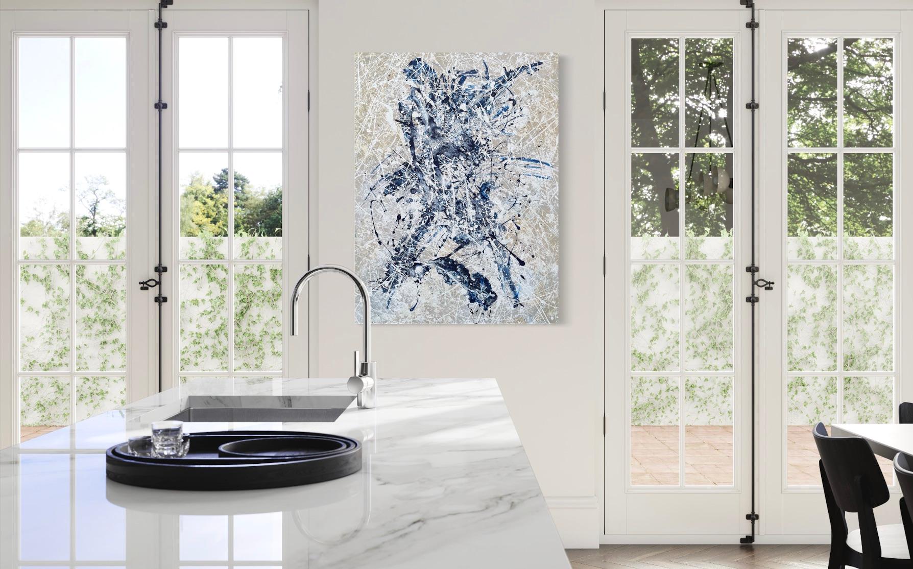 'Dancer' by Lori Poncsak - Blue and White Splatter Abstract Expressionism For Sale 1