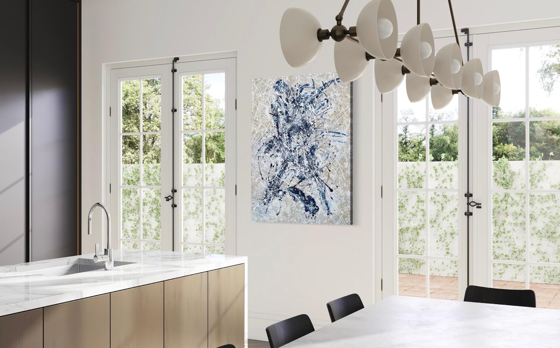 'Dancer' by Lori Poncsak - Blue and White Splatter Abstract Expressionism For Sale 2