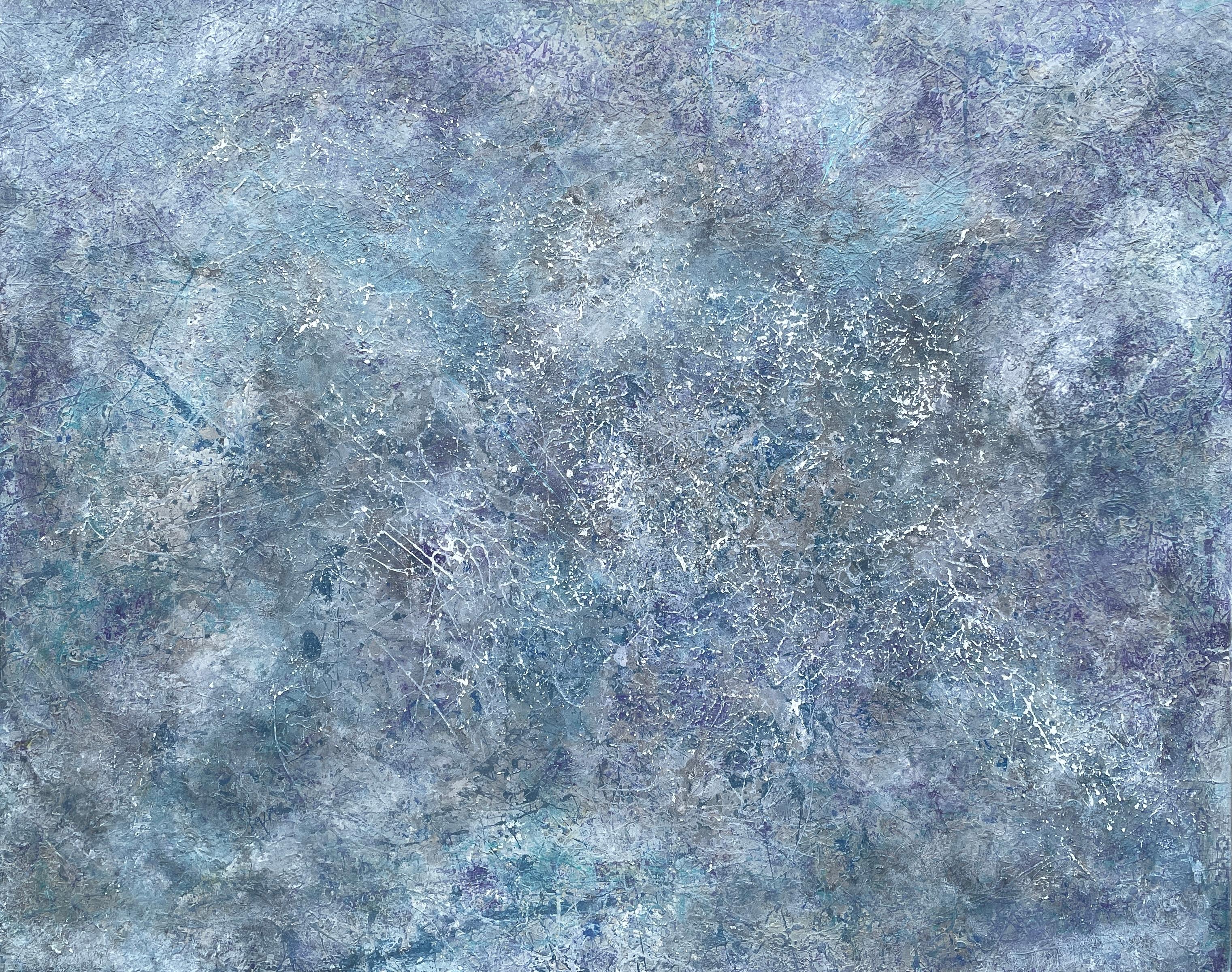 Galaxy Quest" von Lori Poncsak ist ein faszinierendes abstraktes Acrylgemälde auf einer großen 48" x 60" großen Leinwand, das die weite und rätselhafte Essenz einer fernen Galaxie wunderbar einfängt. Das Kunstwerk ist ein tiefes Eintauchen in eine