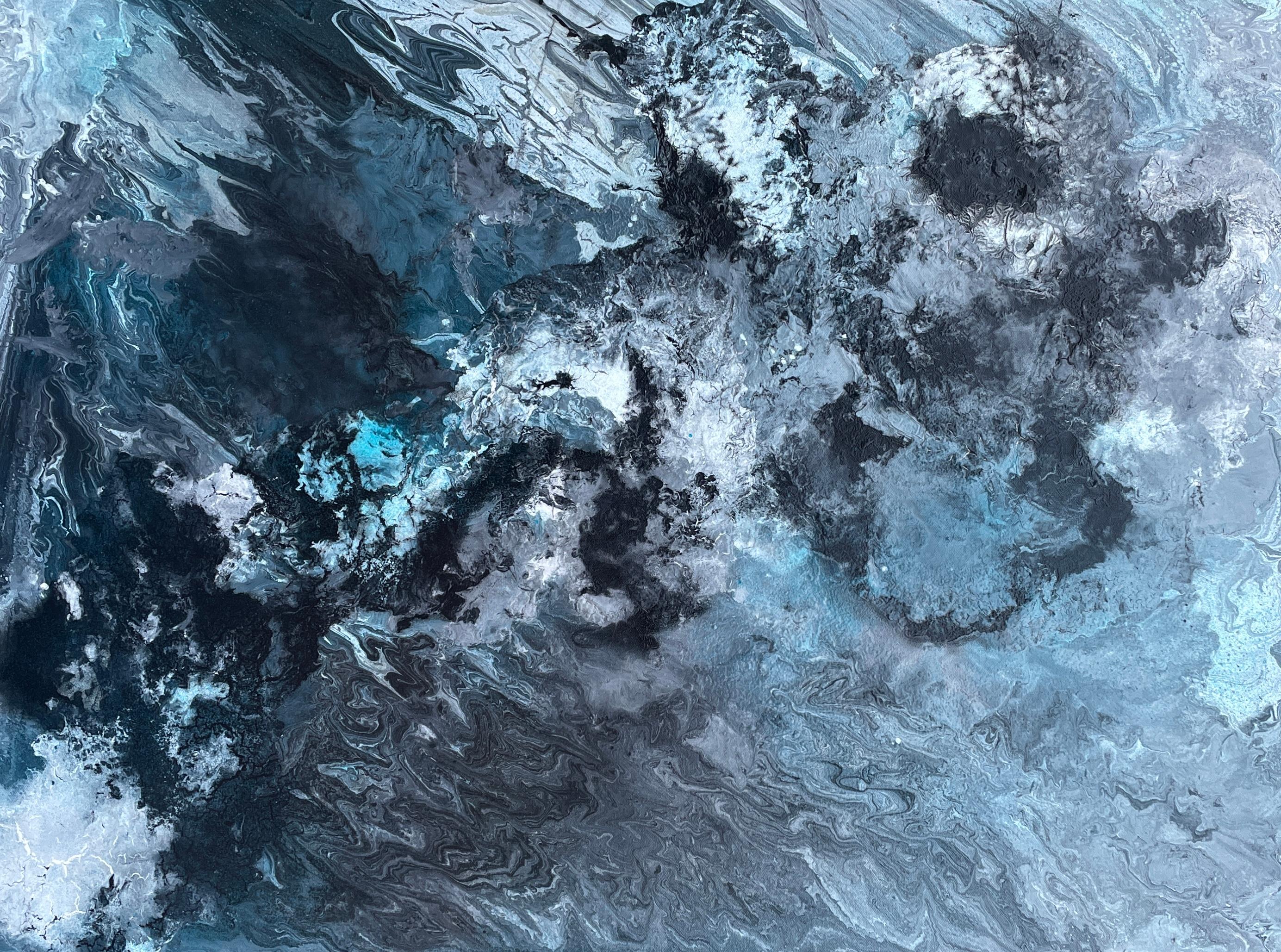 "Incoming Tide" by Lori Poncsak is a striking 30" x 40" acrylic on canvas that embodies the dynamic forces of nature captured through abstract expressionism. The artwork features a rich palette of deep blues, turquoise, and swirling grays that evoke