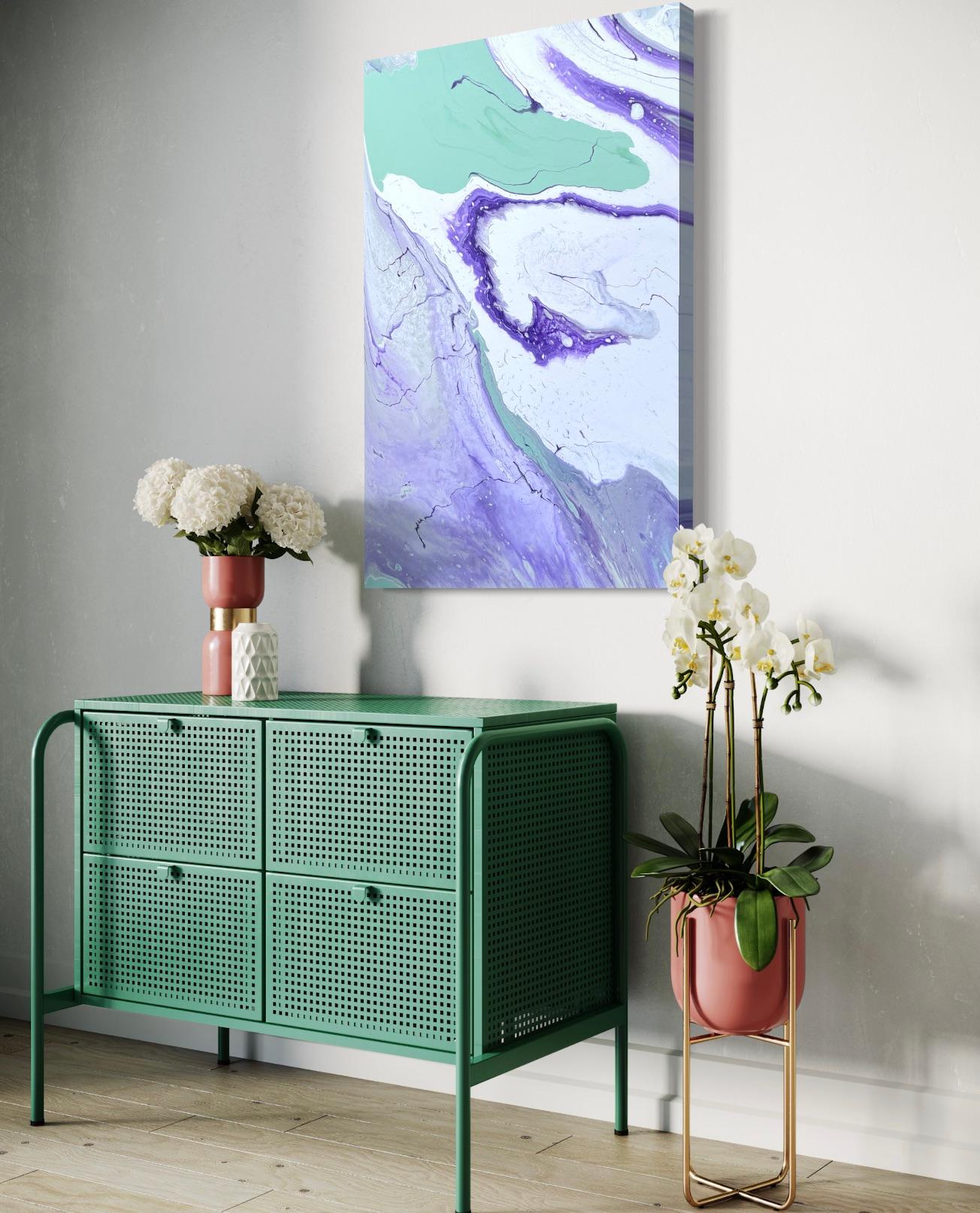 'Incoming Tide' by Lori Poncsak - Vibrant Purple and Green Marble Abstract For Sale 8